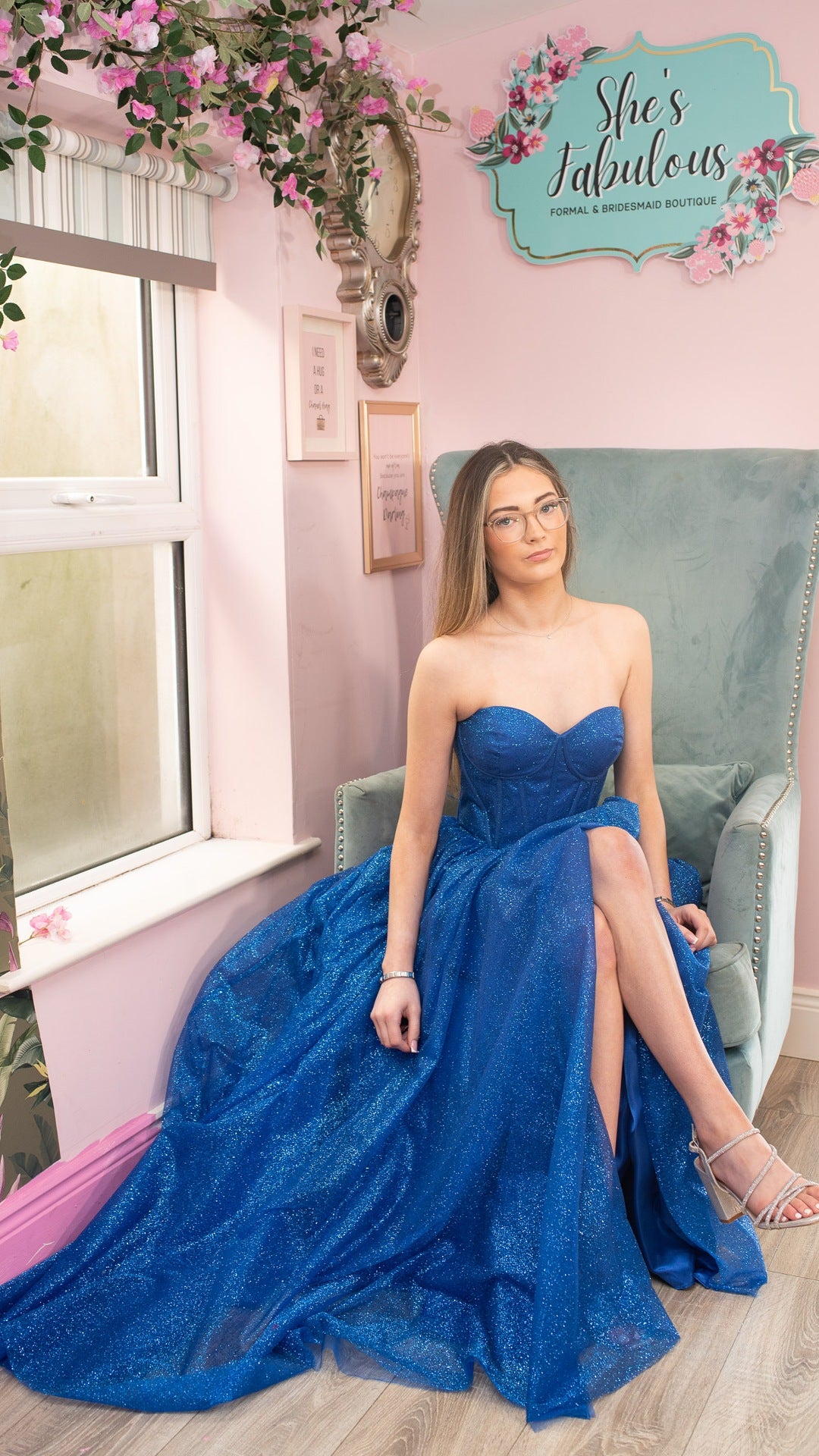 Alyssa Blue Sparkle Material Strapless Leg Split Ballgown Formal Prom Dress Ball Gown