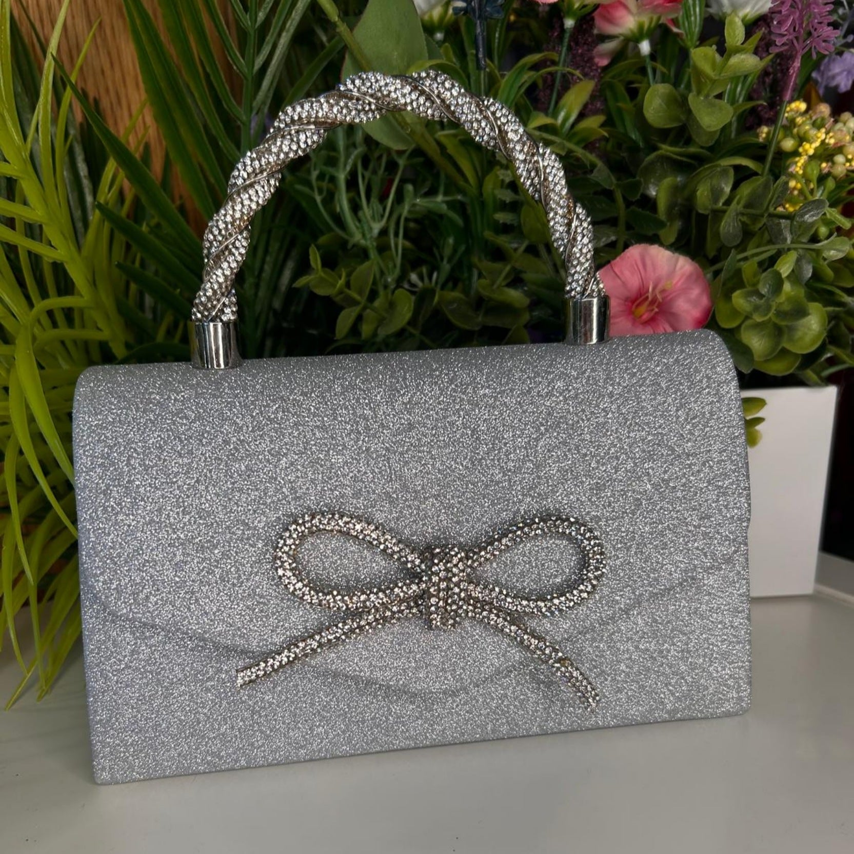Eva Silver Crystal Bow Detail Clutch Handbag
