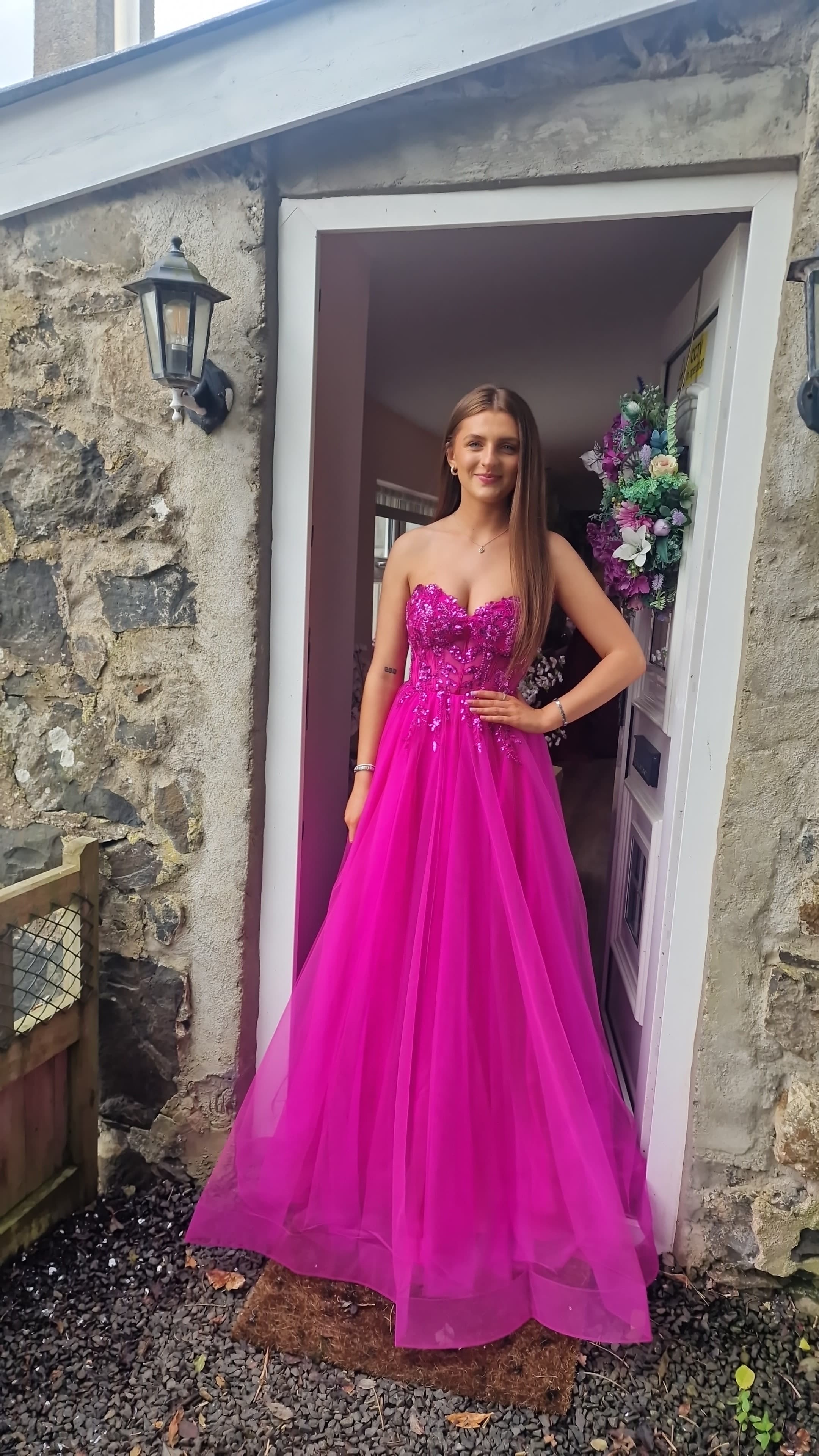 Connie Magenta Mesh Corset Laced Back Strapless Ballgown Formal Prom Dress