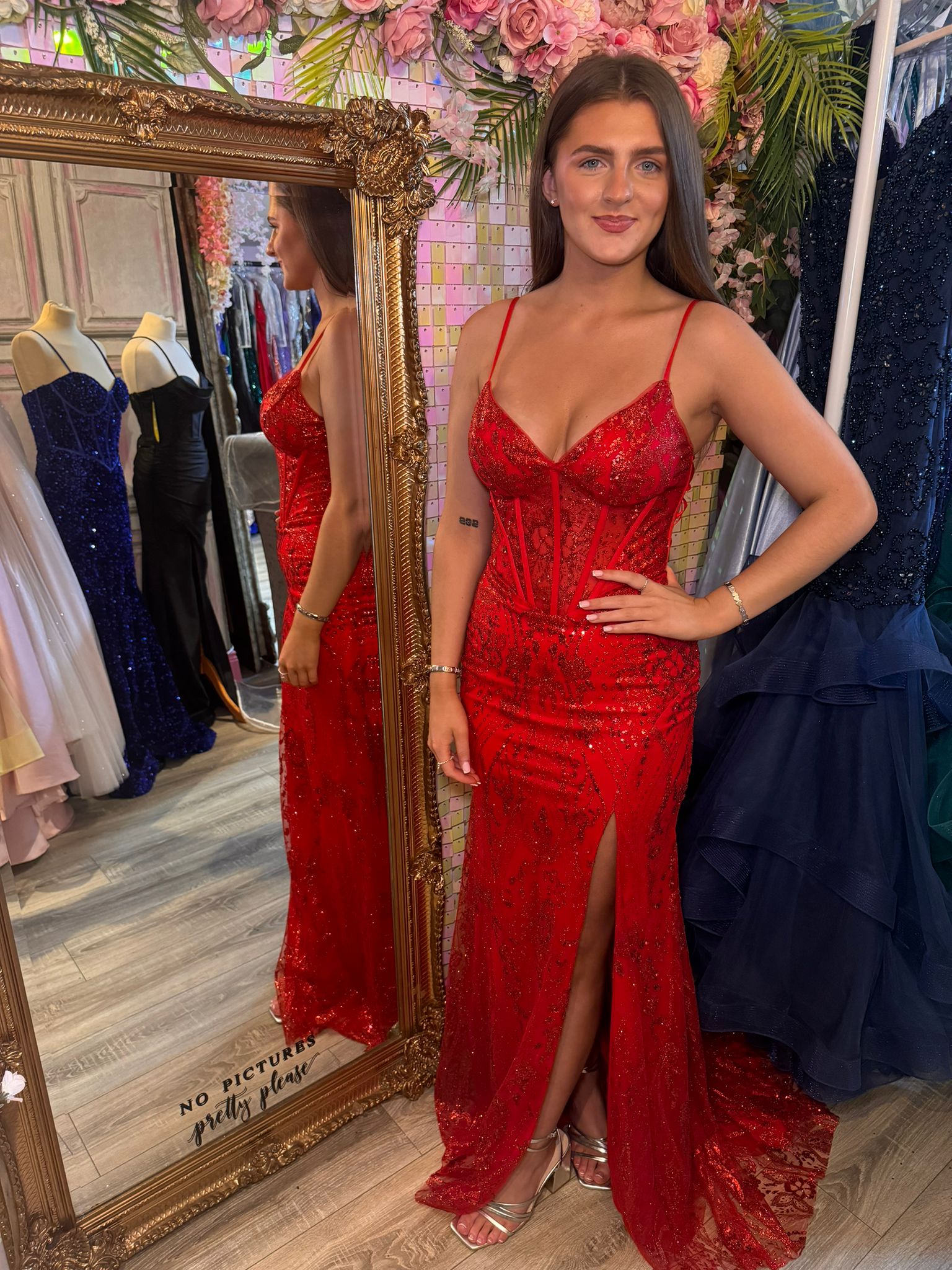 Eva Red Glitter Fabric Mesh Corset Laced Up Back Formal Prom Dress