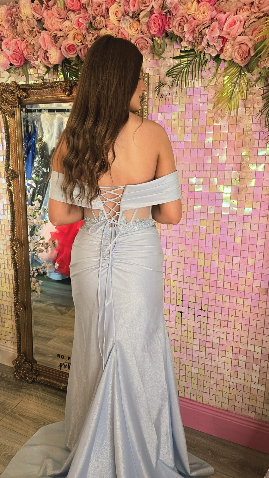 Jessica Blue Fitted Corset Leg Split Off The Shoulder Formal Prom Dress