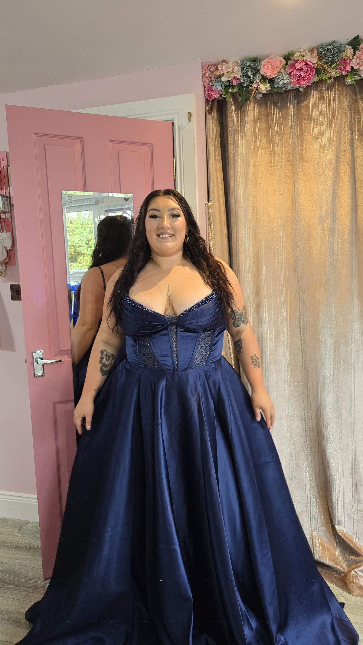 Danielle Navy Satin Corset Style Bodice  Ballgown Formal Prom Dress Ball Gown