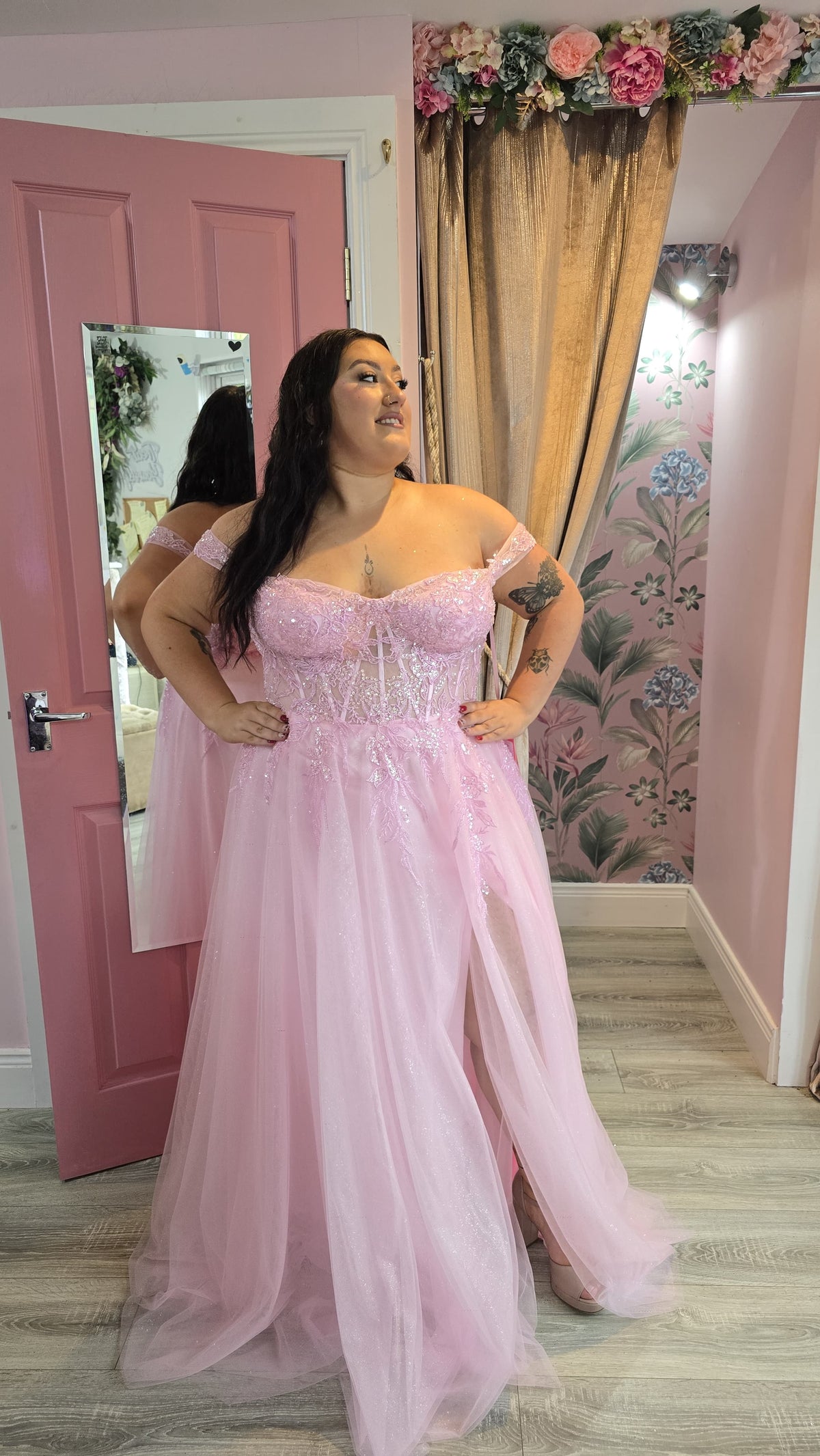 Isla Pink Off The Shoulder Strap Fitted Embellished Bodice Ballgown Formal Prom Dress Ball Gown