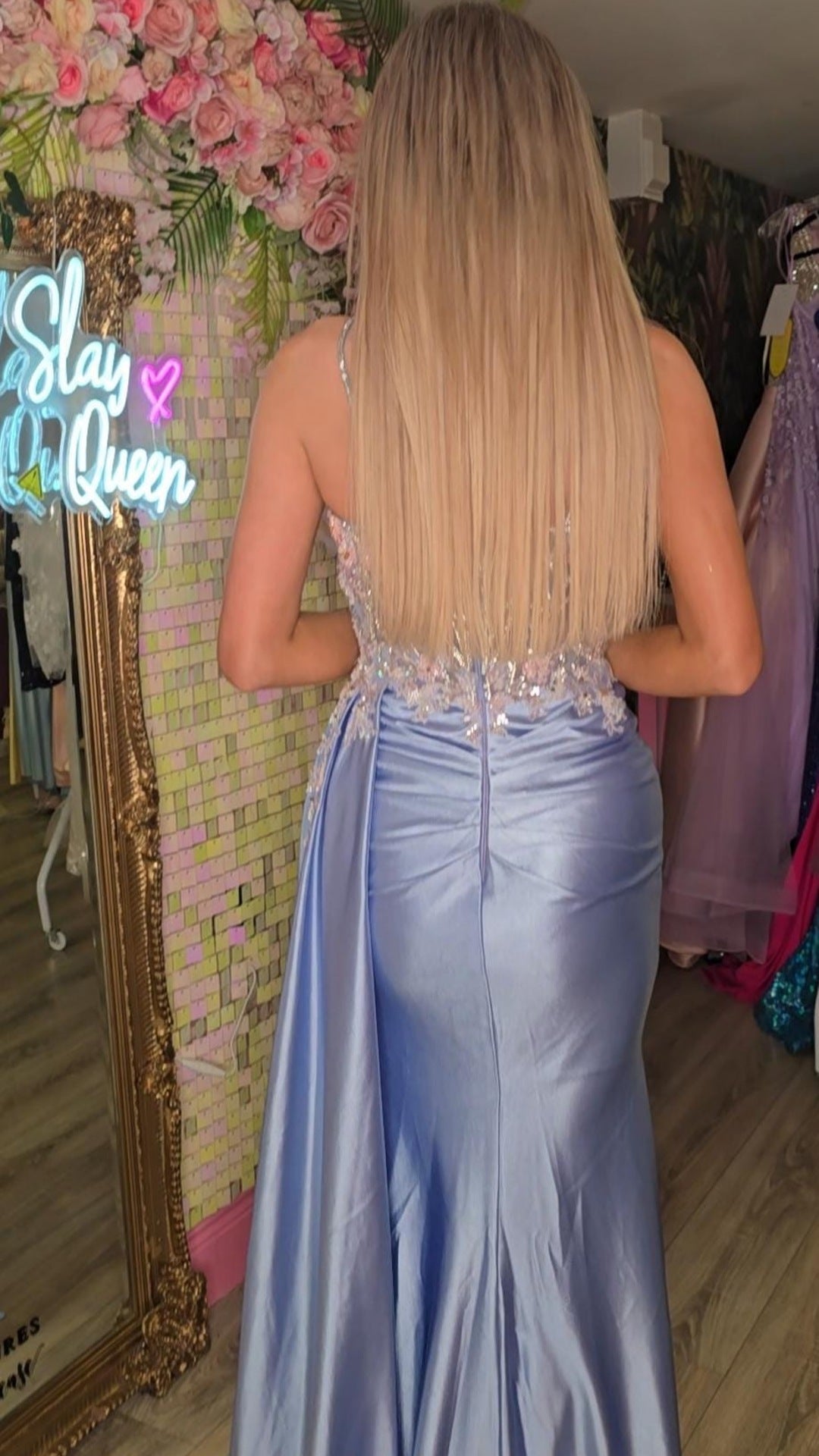 Allie Blue Spaghetti Strap Beaded Bodice Formal Prom Dress