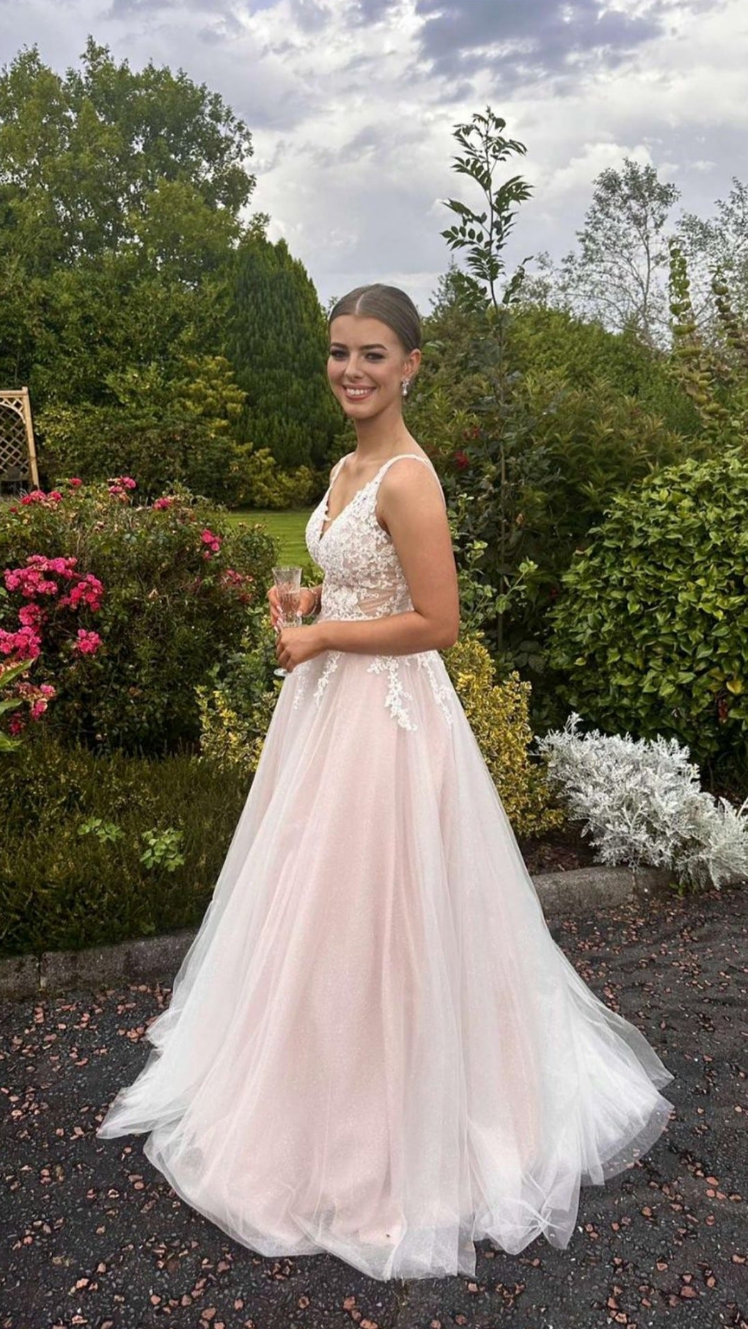 Brooklyn Blush Pink V Neck Laced Detail Bodice Ball Gown Formal Prom Dress