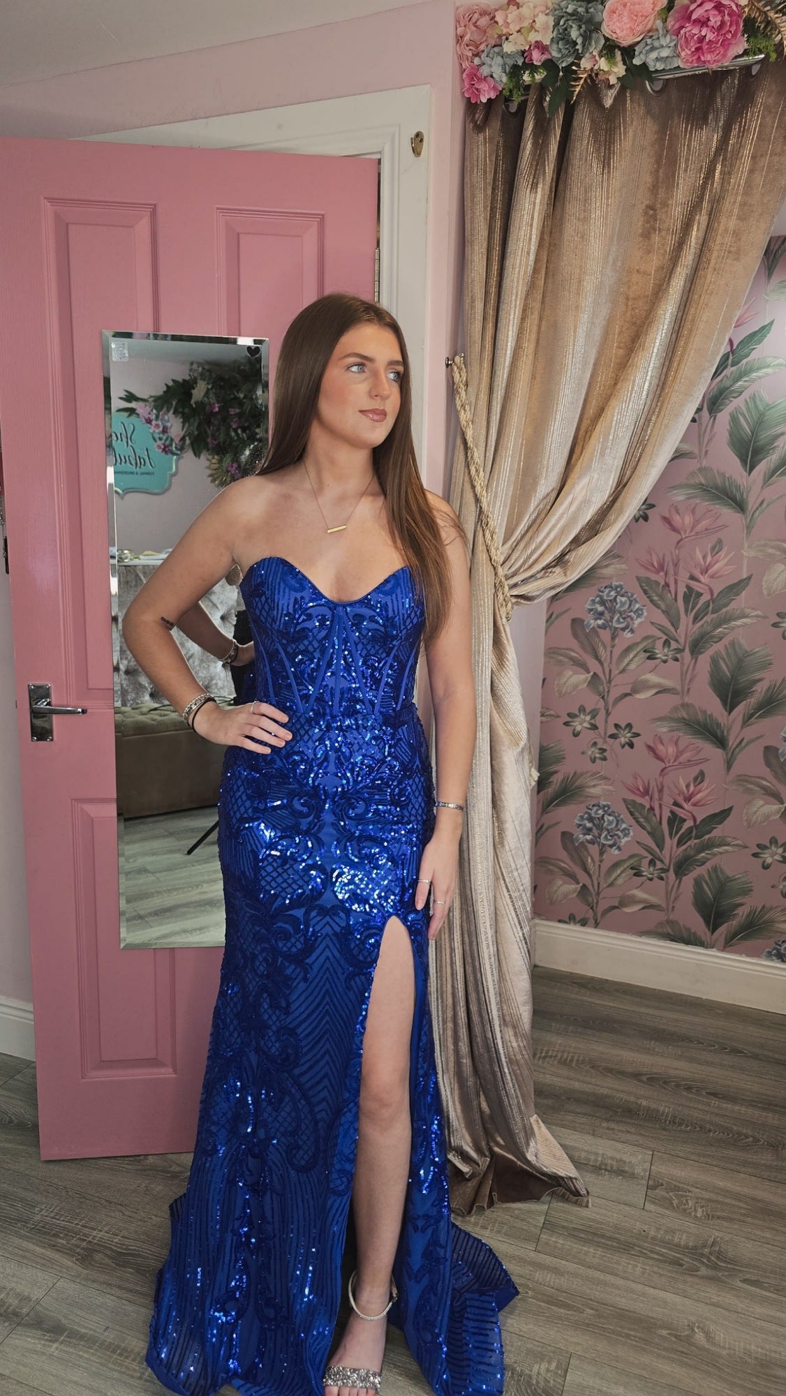 Emma New 2026 Version Blue Sequin Glitter Laced Back Formal Prom Dress
