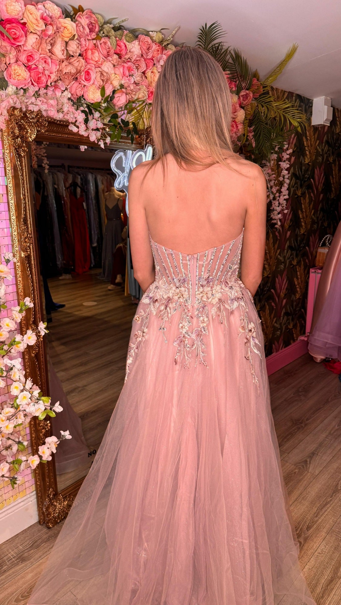 Delta Mauve Laced Corset Flower Detail Ballgown Formal Prom Dress Ball Gown