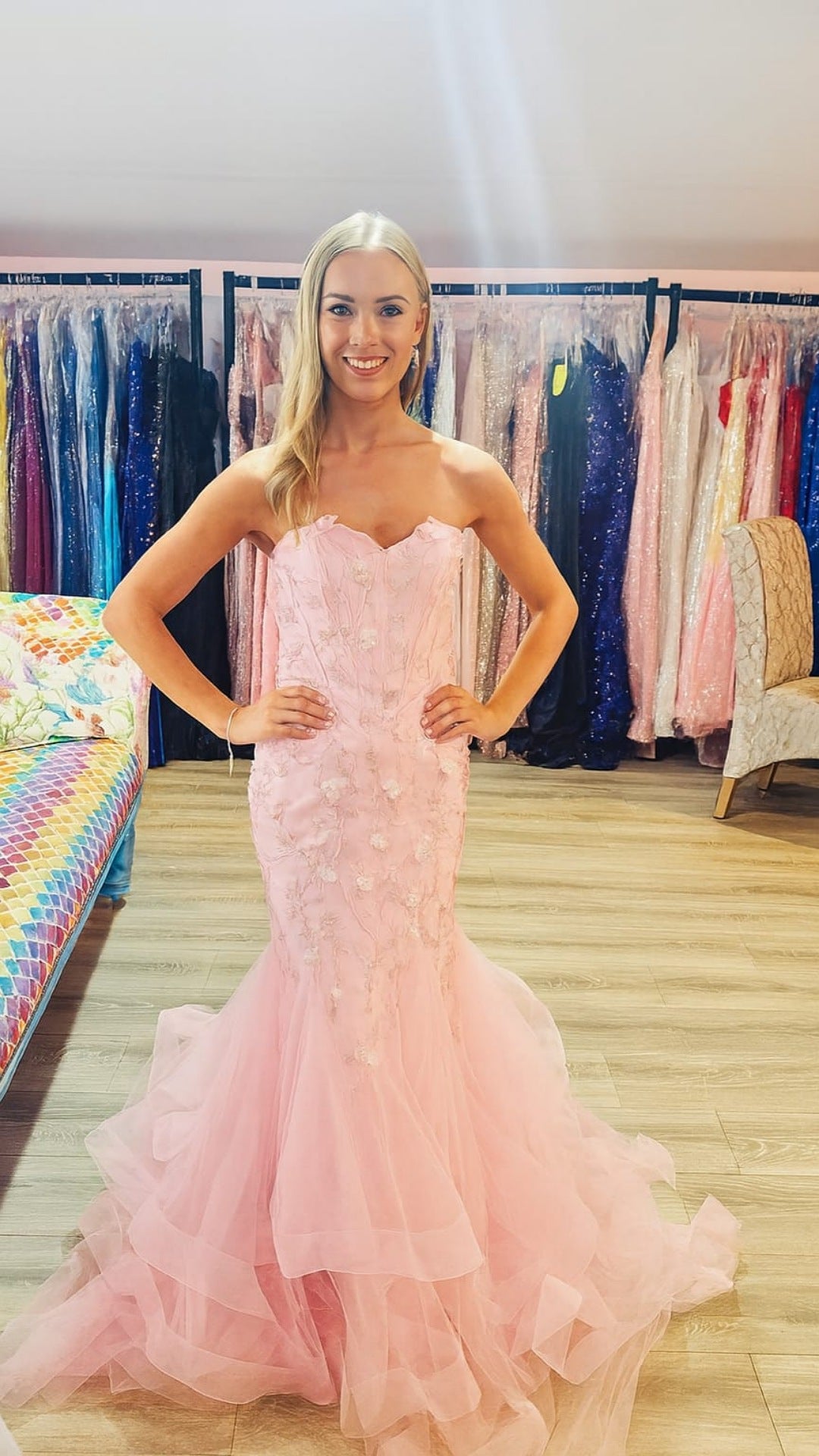 Bella Pink Strapless Fitted Corset Fish Tail Formal Prom Dress