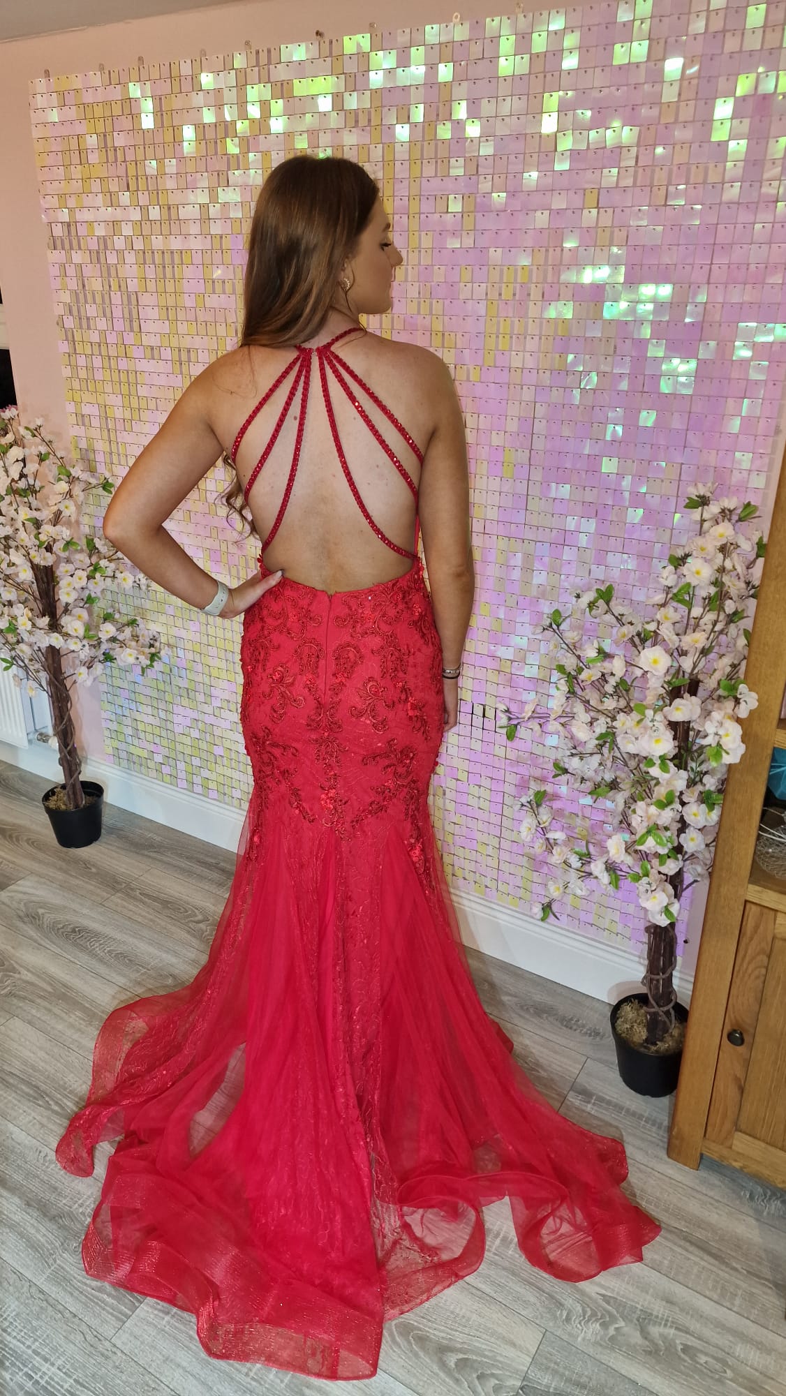 Heidi Red Skinny Strap Laced Detail Fishtail Formal Prom Dress