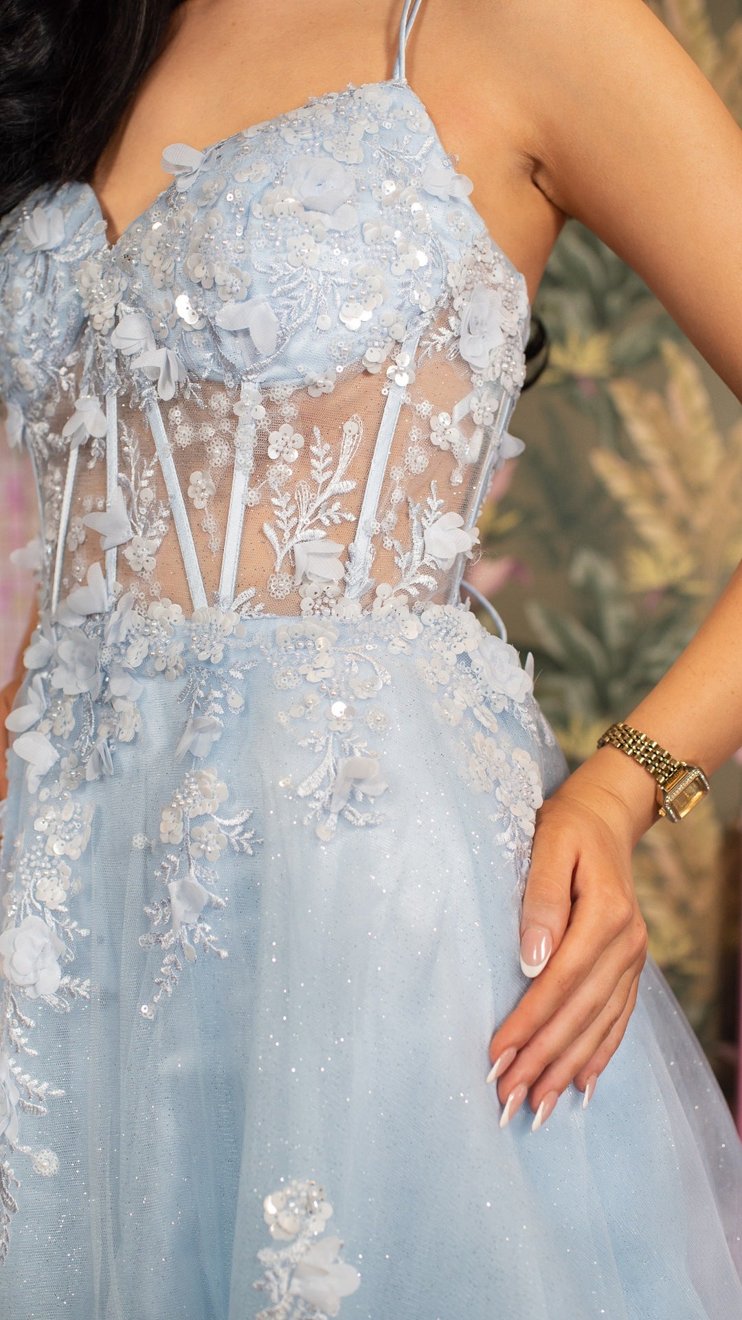 Baby Blue Laced Back Flower Detail Leg Split Ballgown Formal Prom Dress Ball Gown