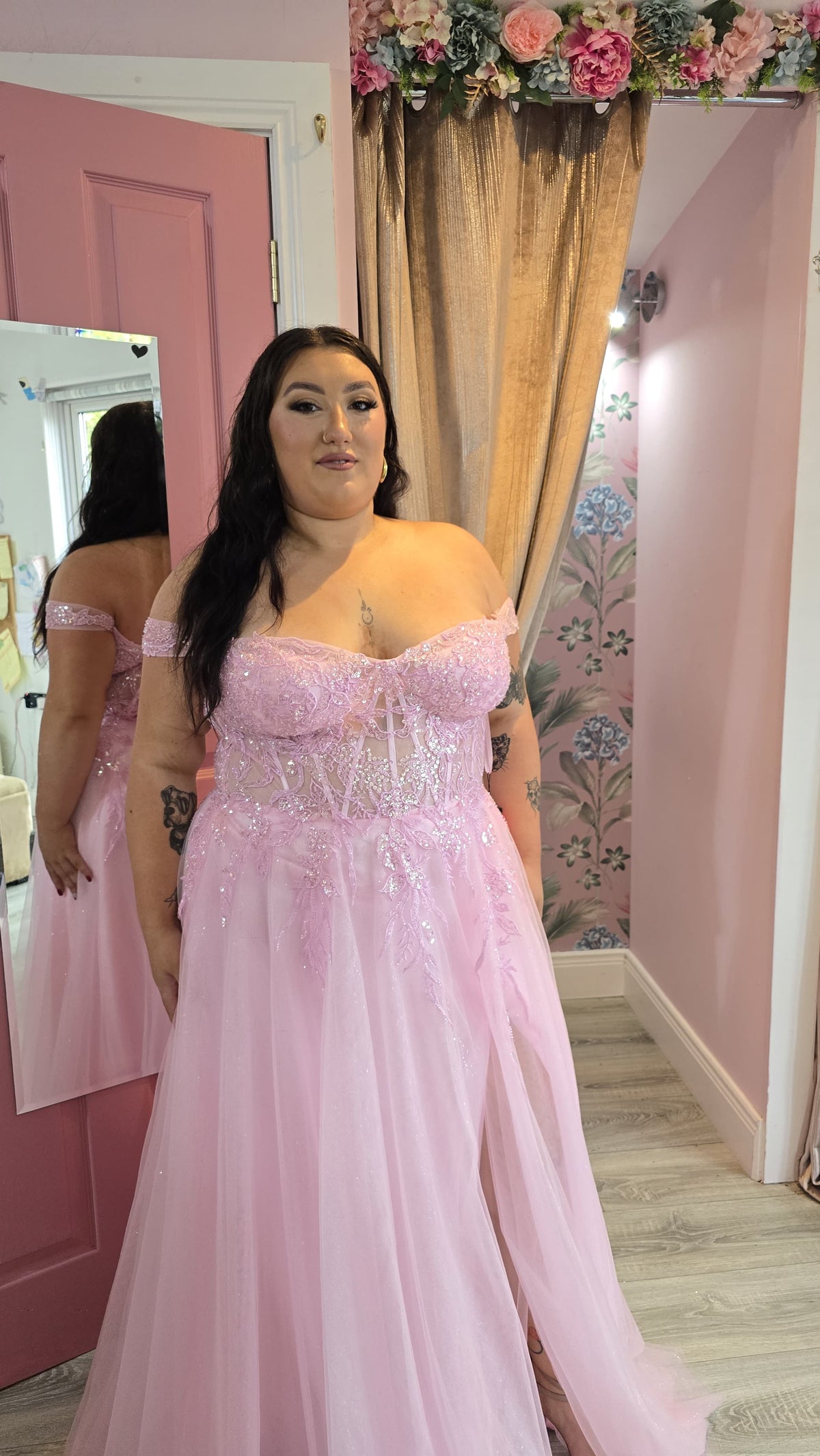Isla Pink Off The Shoulder Strap Fitted Embellished Bodice Ballgown Formal Prom Dress Ball Gown