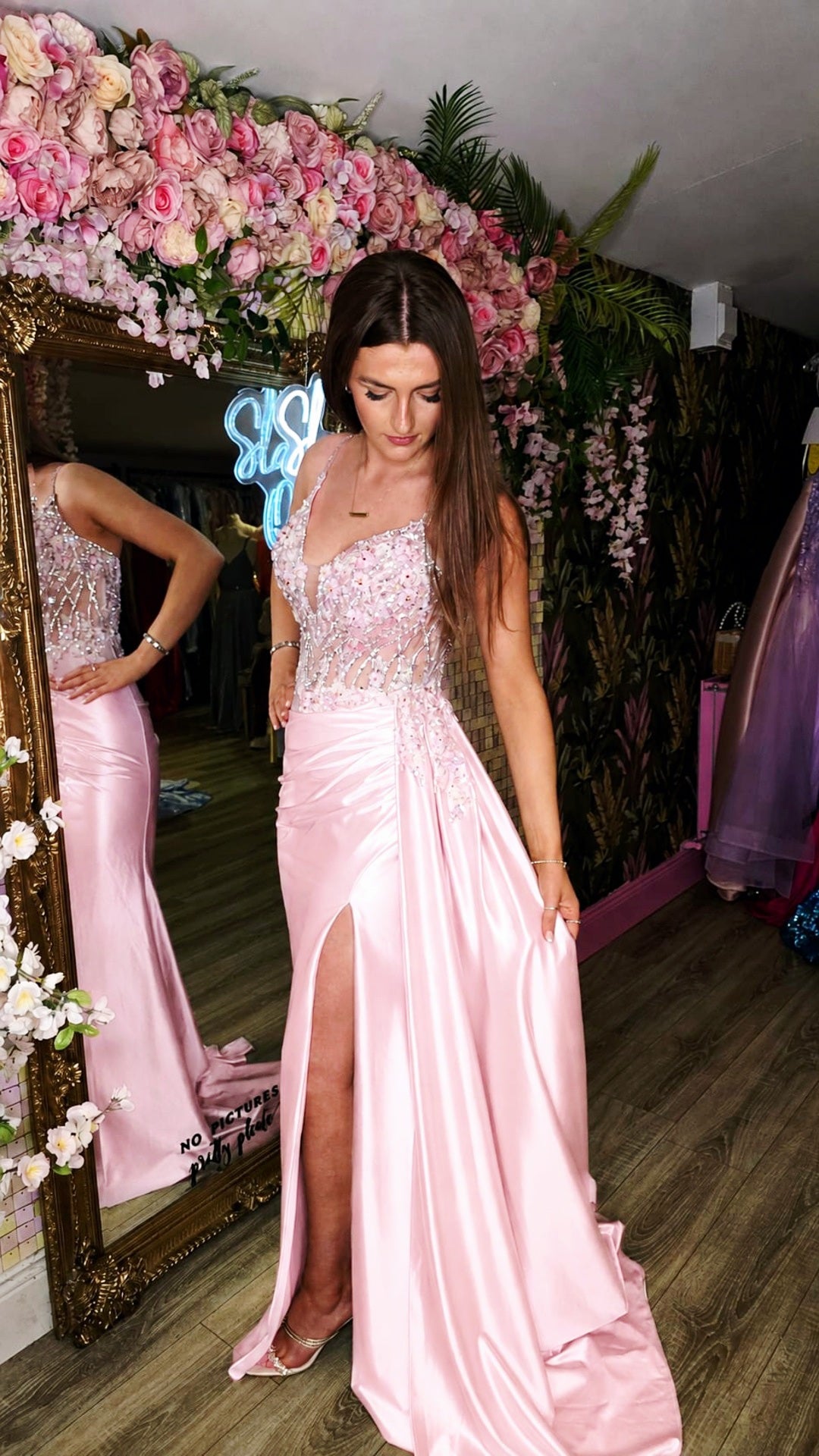 Allie Pink Spaghetti Strap Beaded Bodice Formal Prom Dress