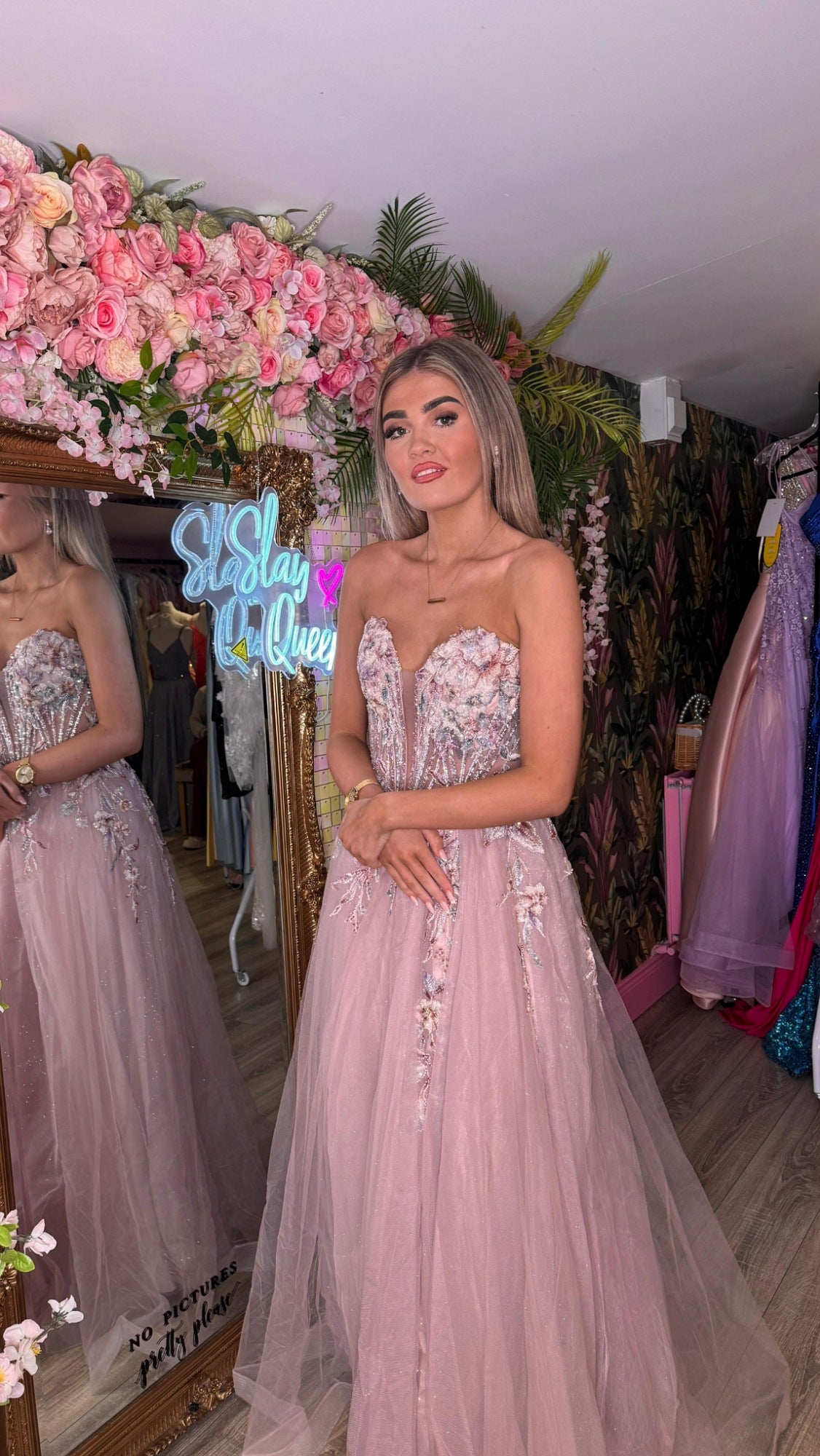 Delta Mauve Laced Corset Flower Detail Ballgown Formal Prom Dress Ball Gown