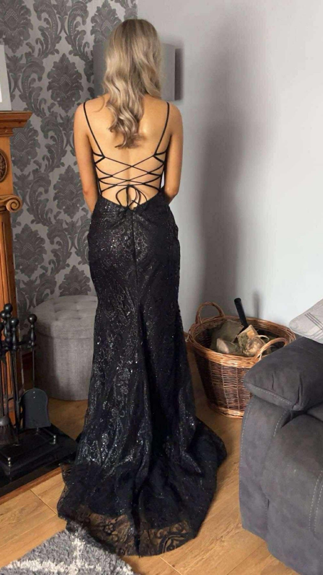 Eva Black Glitter Fabric Mesh Corset Laced Up Back Formal Prom Dress