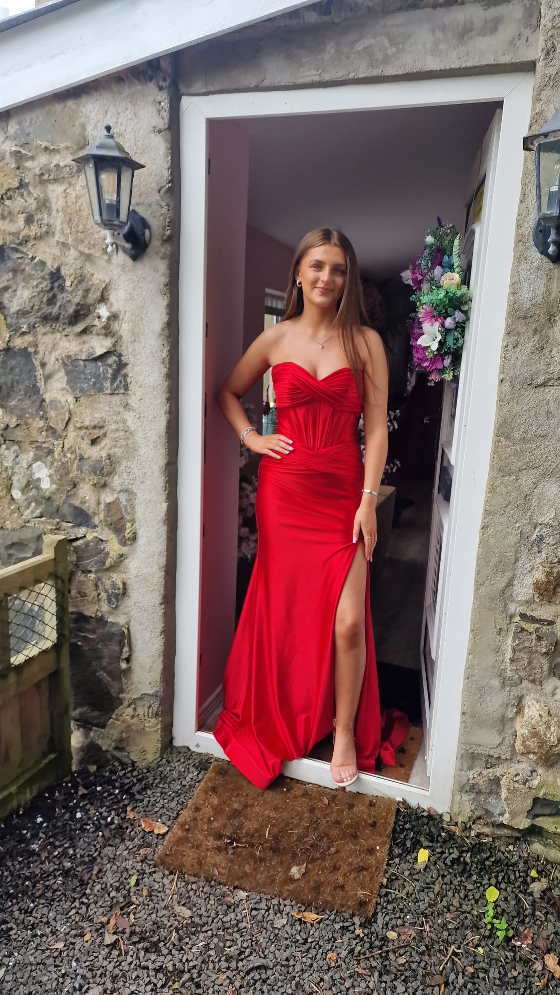 Aisha Red Satin Ruched Corset Strapless Side Legsplit Formal Prom Dress