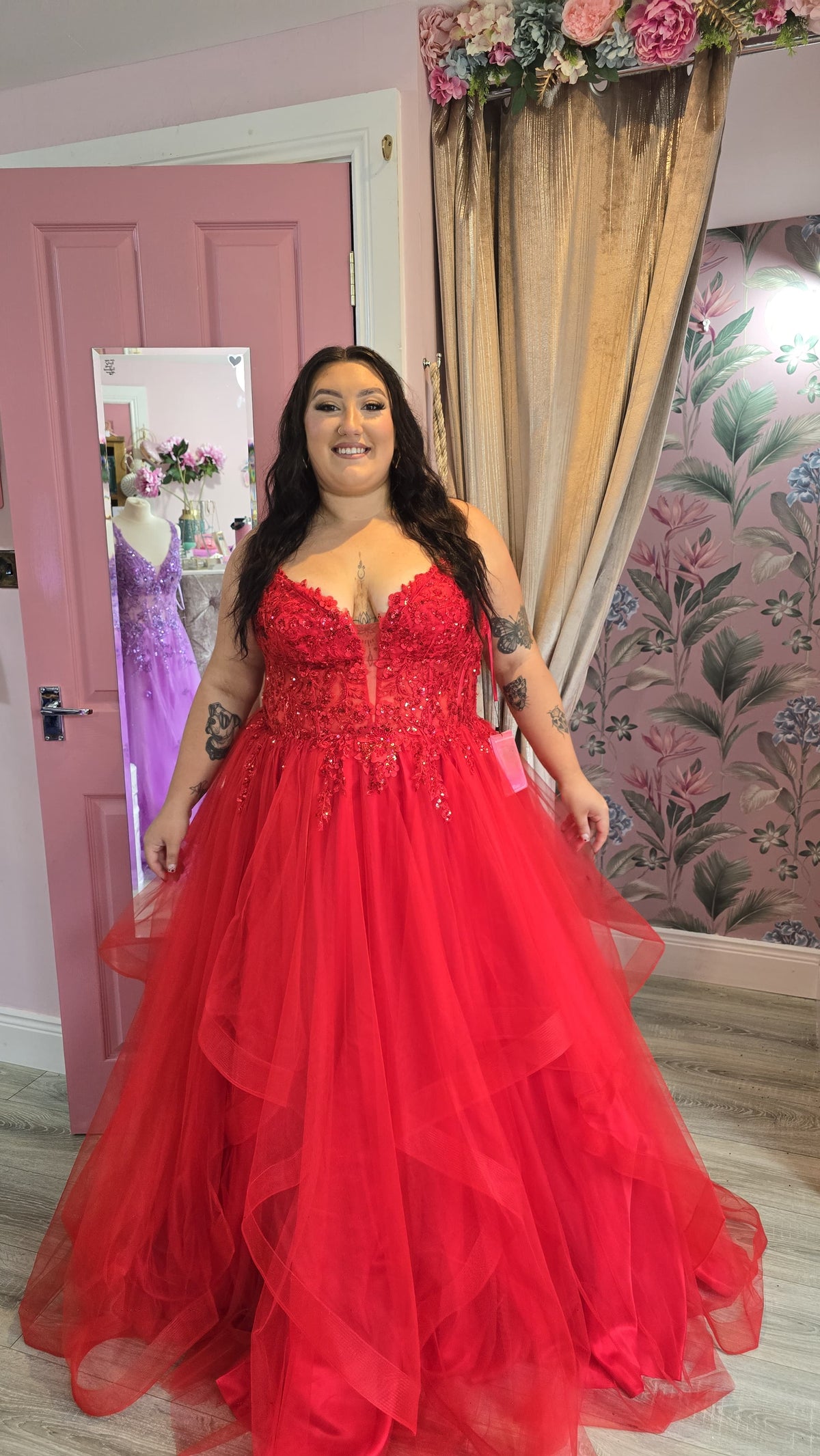 Trinity Red Laced Embellished Bodice Layered Tulle Skirt Ballgown Formal Prom Dress Ball Gown