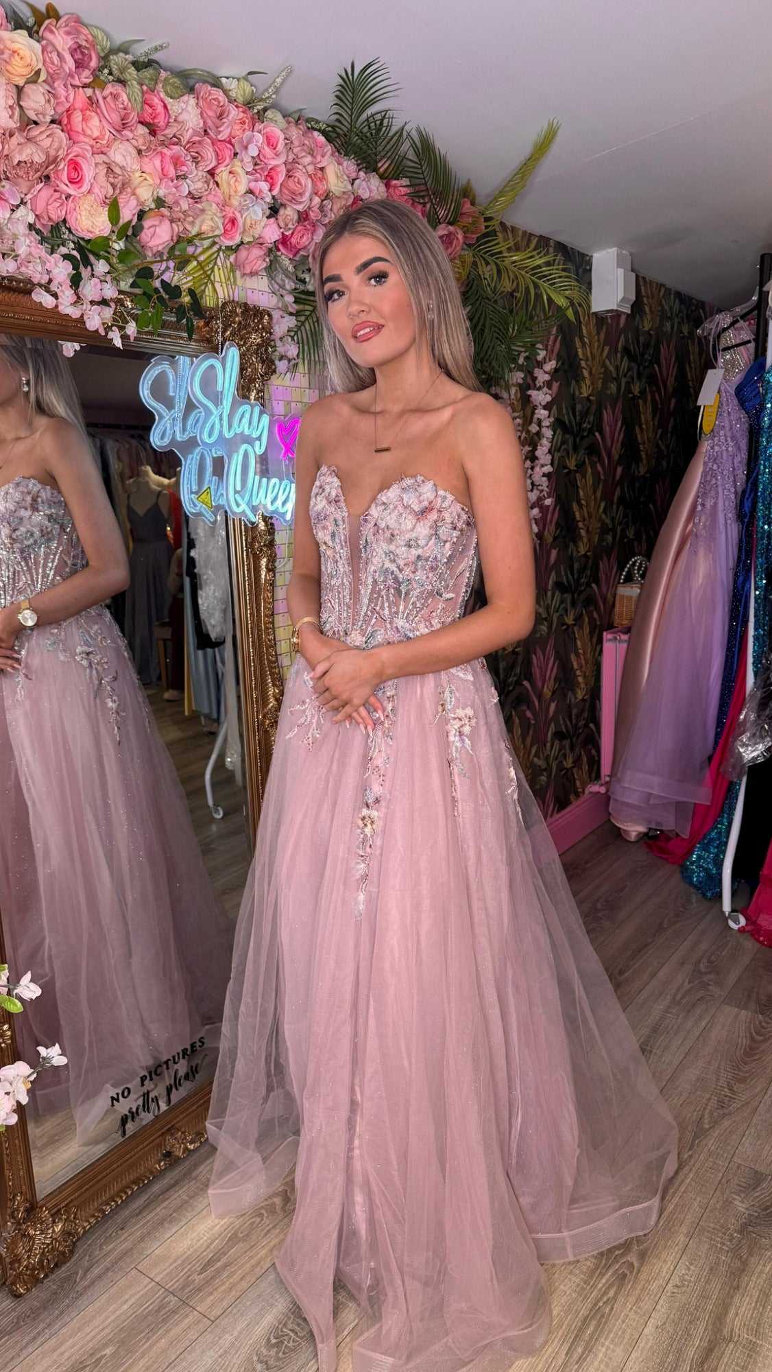 Delta Mauve Laced Corset Flower Detail Ballgown Formal Prom Dress Ball Gown