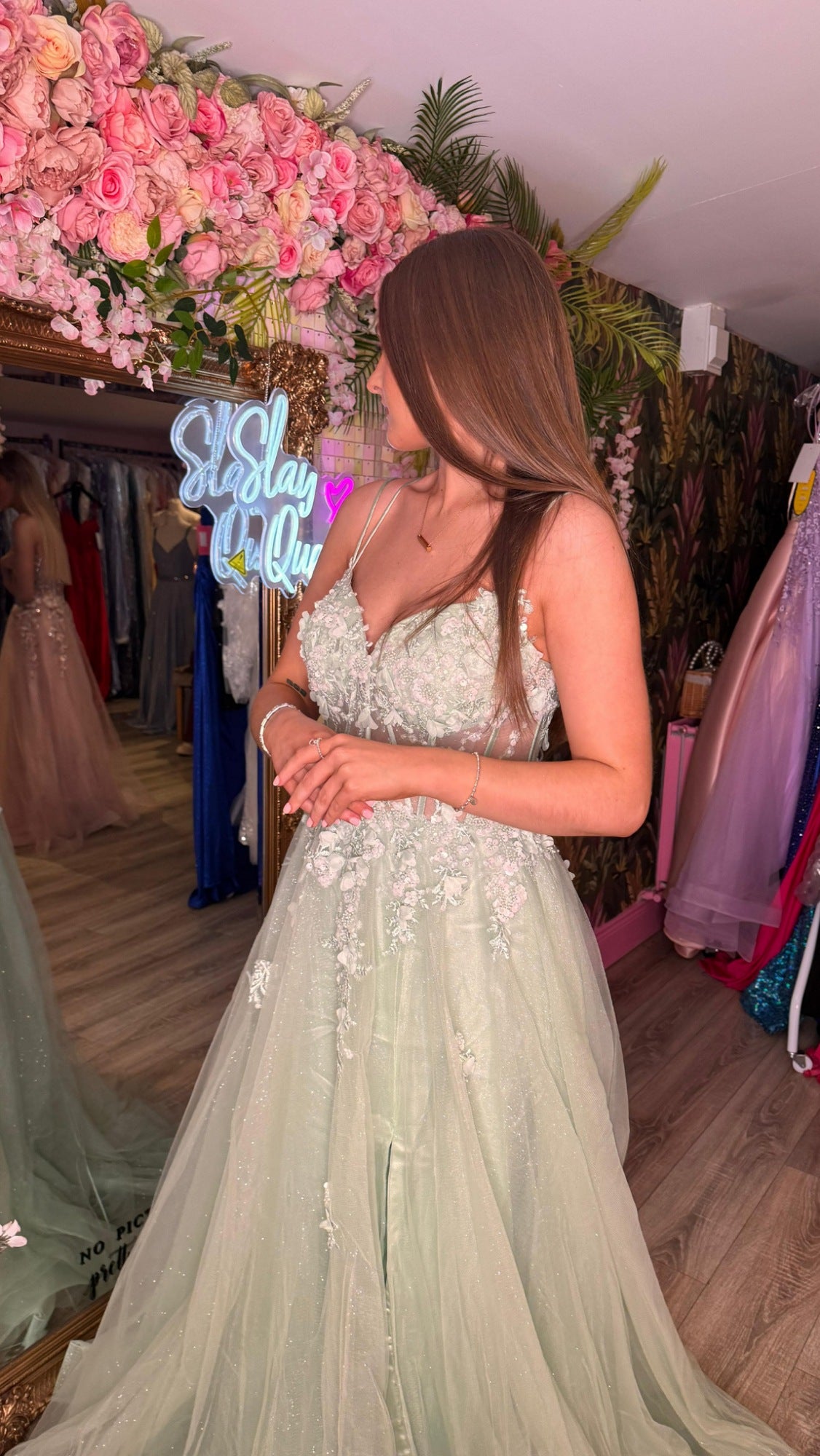 Orla Sage Green Sparkle Flower Detail Ballgown Formal Prom Dress Ball gown