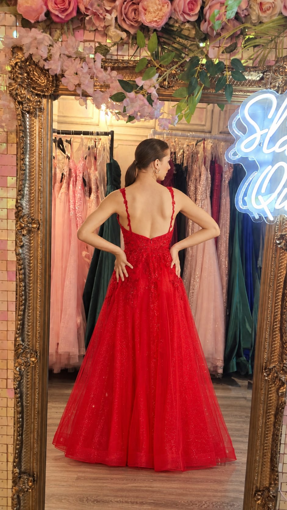 Hanna Red Flower Detail Corset Sparkle Material Ballgown Formal Prom Dress Ball Gown