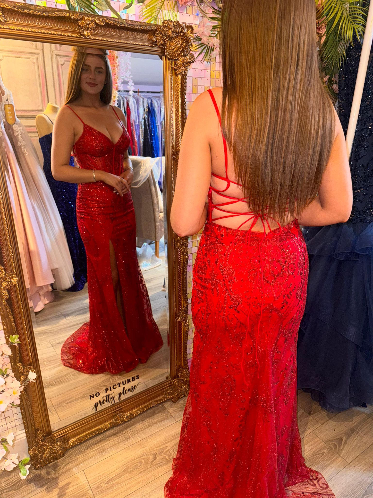 Eva Red Glitter Fabric Mesh Corset Laced Up Back Formal Prom Dress