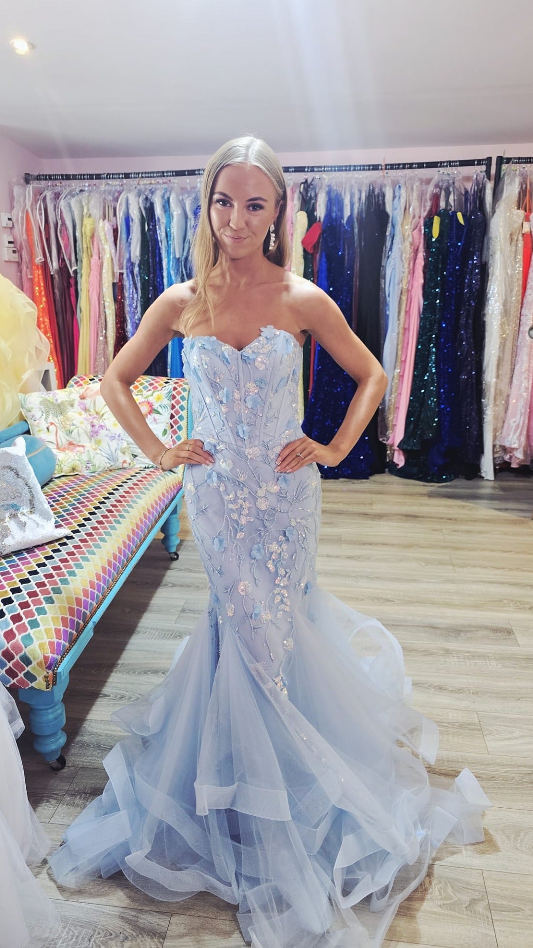 Bella Pale Baby Blue Strapless Fitted Corset Fish Tail Formal Prom Dress