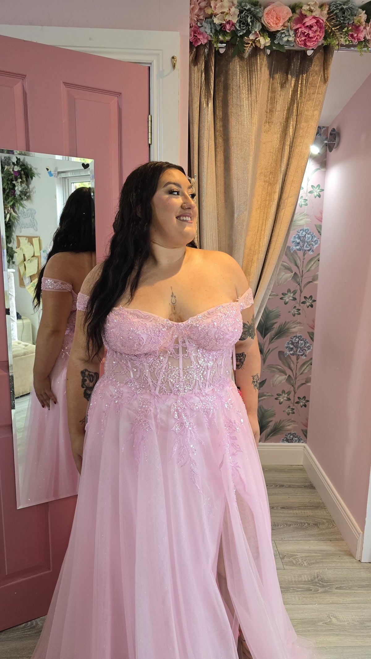 Isla Pink Off The Shoulder Strap Fitted Embellished Bodice Ballgown Formal Prom Dress Ball Gown