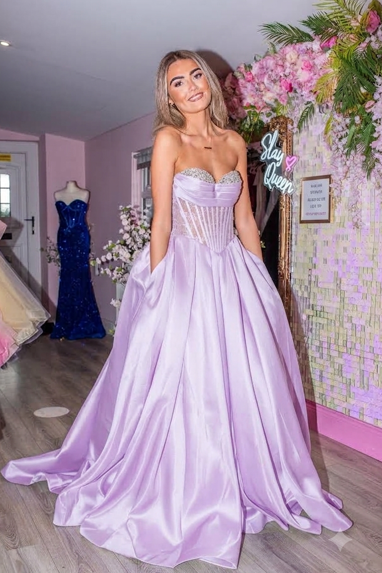 Immie Lilac Satin Strapless Sheer Corset Style Bodice Formal Prom Dress