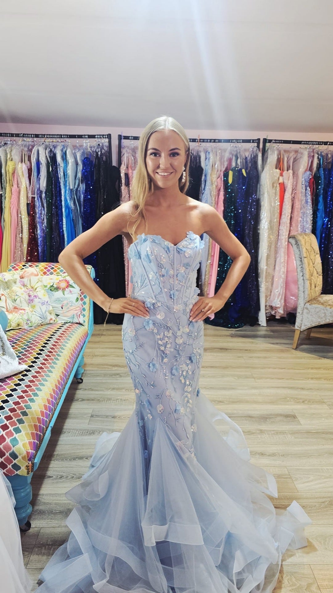 Bella Pale Baby Blue Strapless Fitted Corset Fish Tail Formal Prom Dress