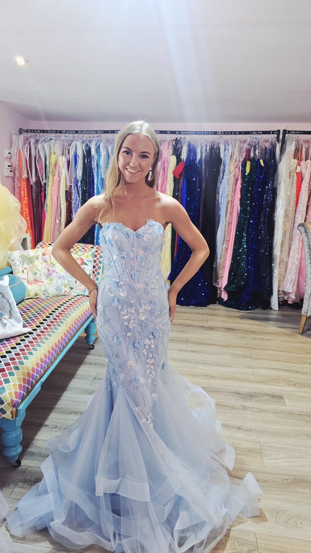 Bella Pale Baby Blue Strapless Fitted Corset Fish Tail Formal Prom Dress