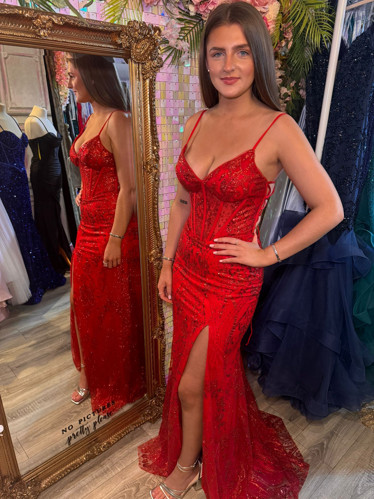 Eva Red Glitter Fabric Mesh Corset Laced Up Back Formal Prom Dress