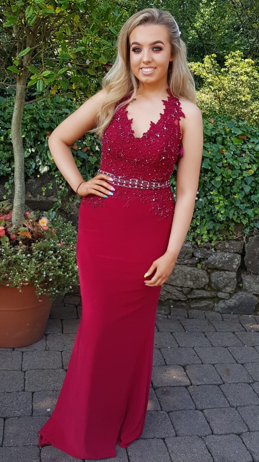 Darcey Red Beaded Belt Formal Prom Dress
