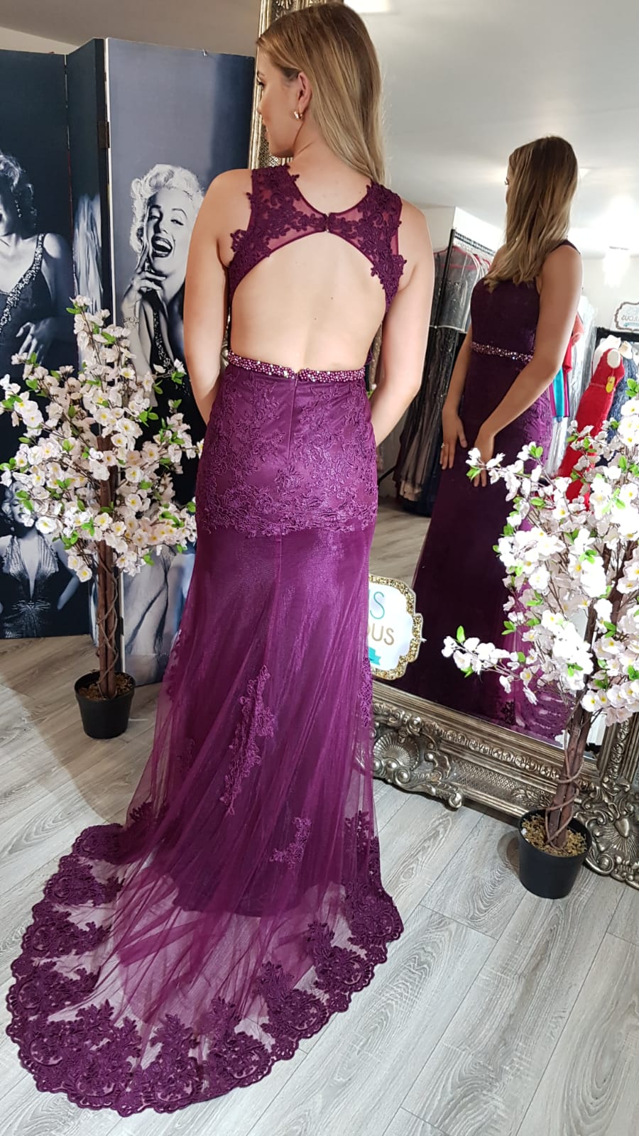 Evelyn Purple With Belt And Laced Detail Formal Prom Dress