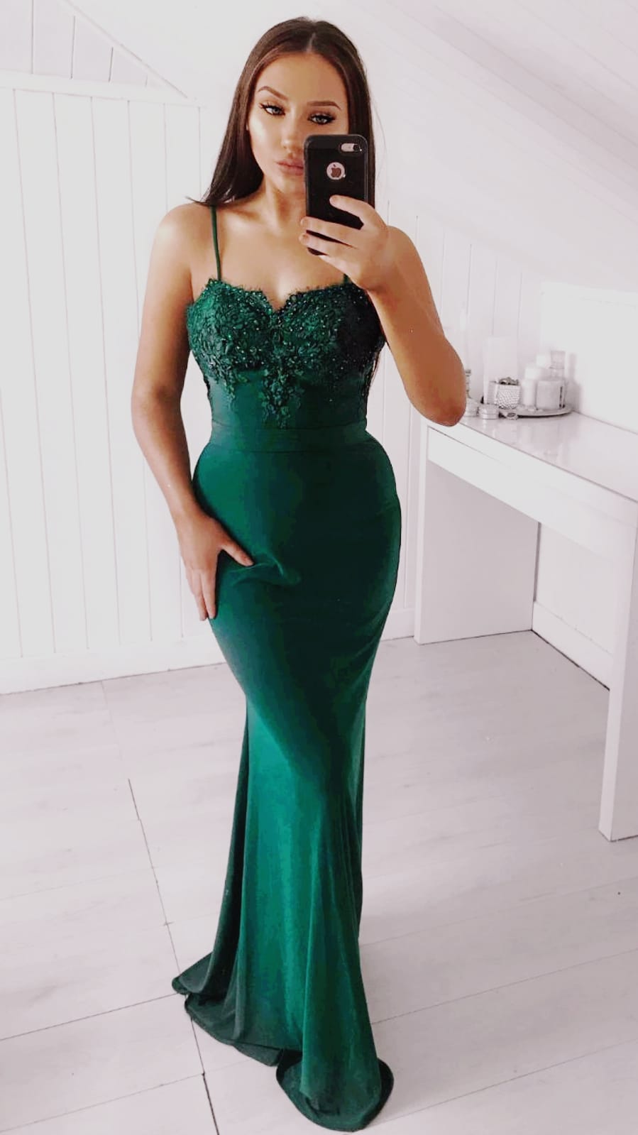 Cheryl Emerald Green Skinny Strap Formal Prom Dress