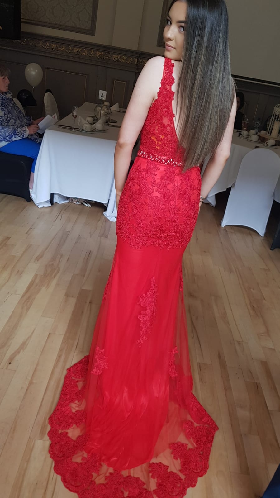 Evelyn Red V Neck Backless Lace Detail Formal Prom Dress