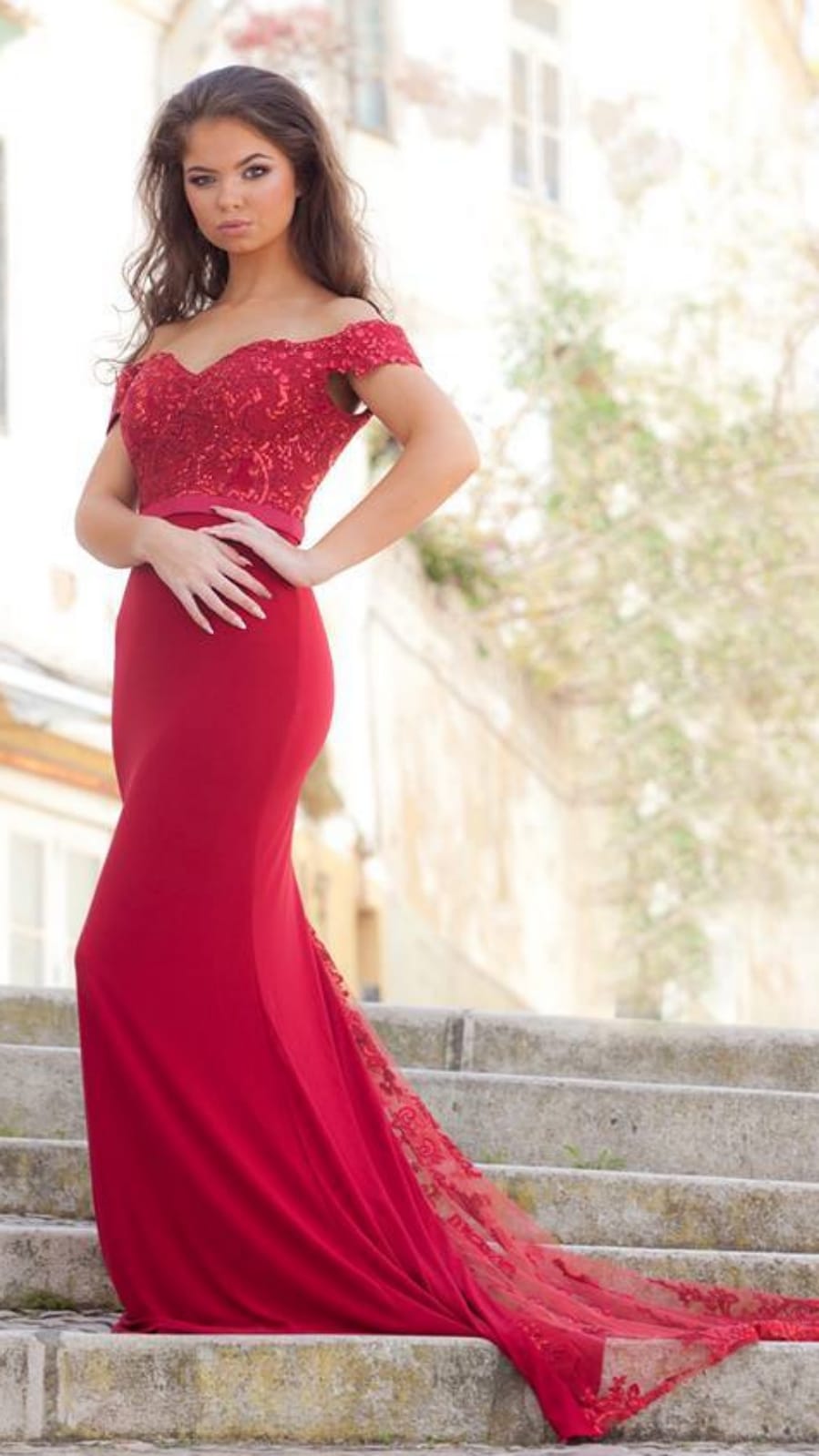 Megan Red Off Shoulder Lace Train Formal / Bridesmaid Dress