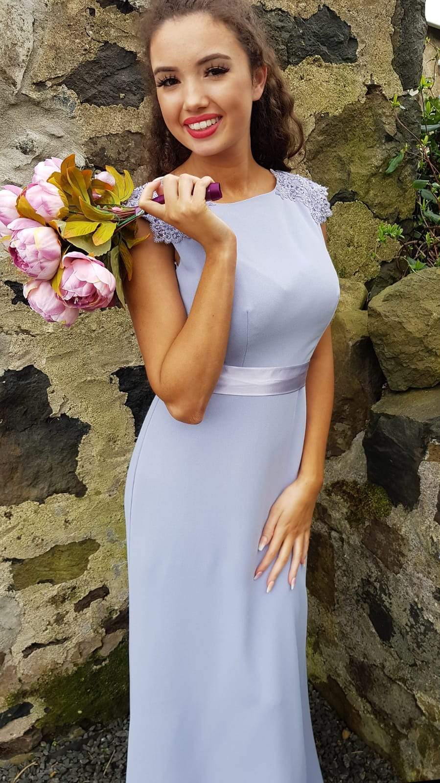 Lena Cornflower Blue Laced Shoulders Plain & Elegant Bridesmaids Dress