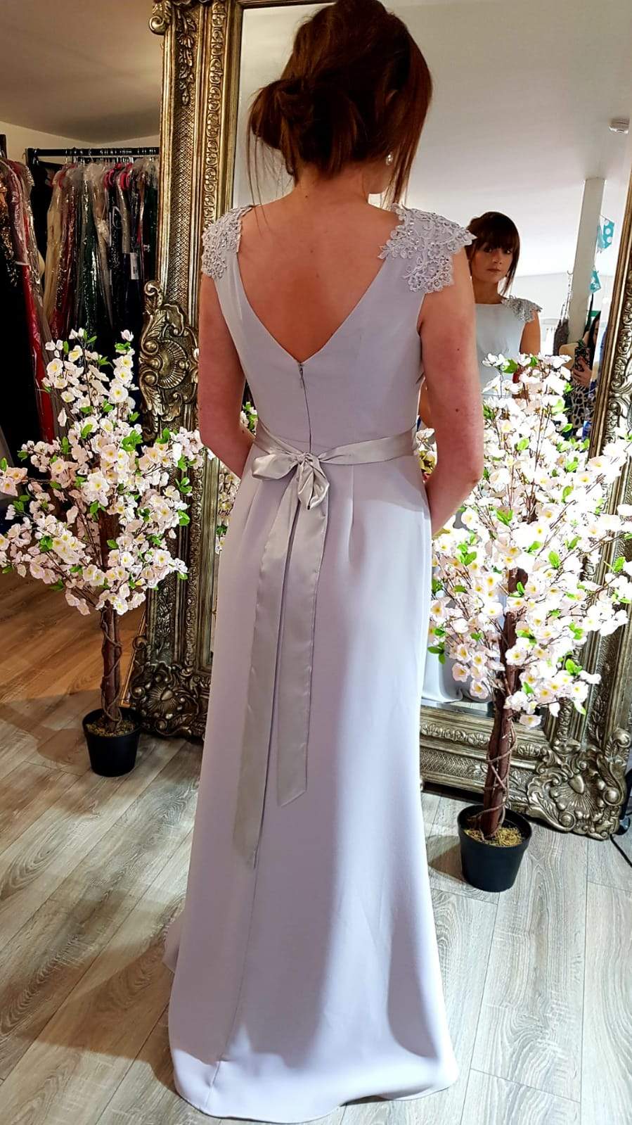 Lena Grey/Silver Laced Shoulders Plain & Elegant Bridesmaids Dress