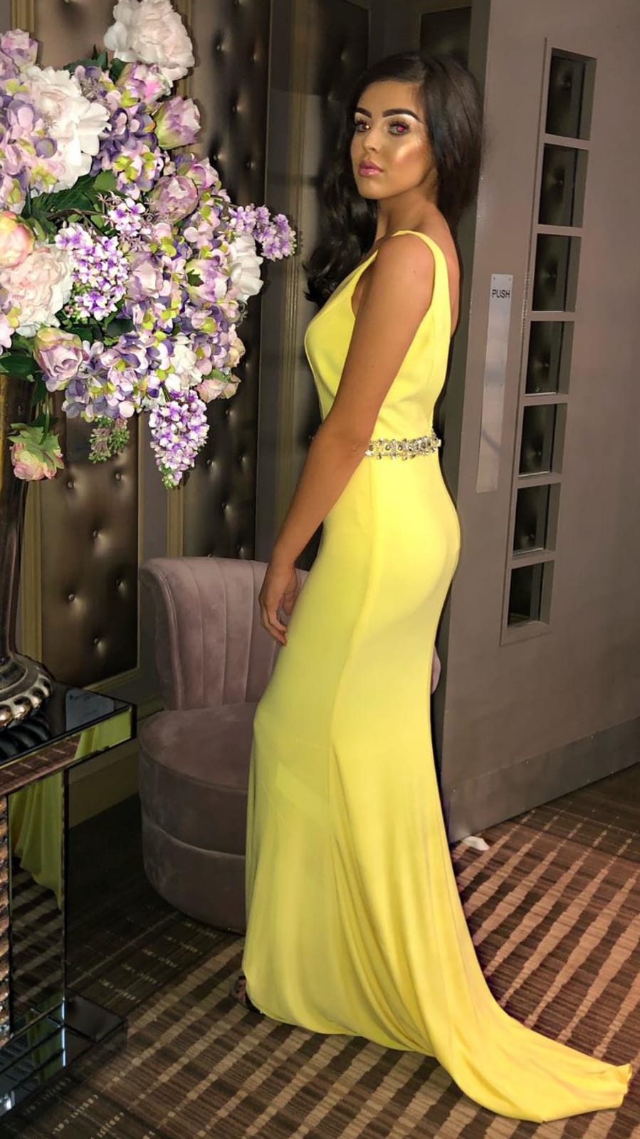 Leah Yellow Diamond Belt Formal Prom Dress