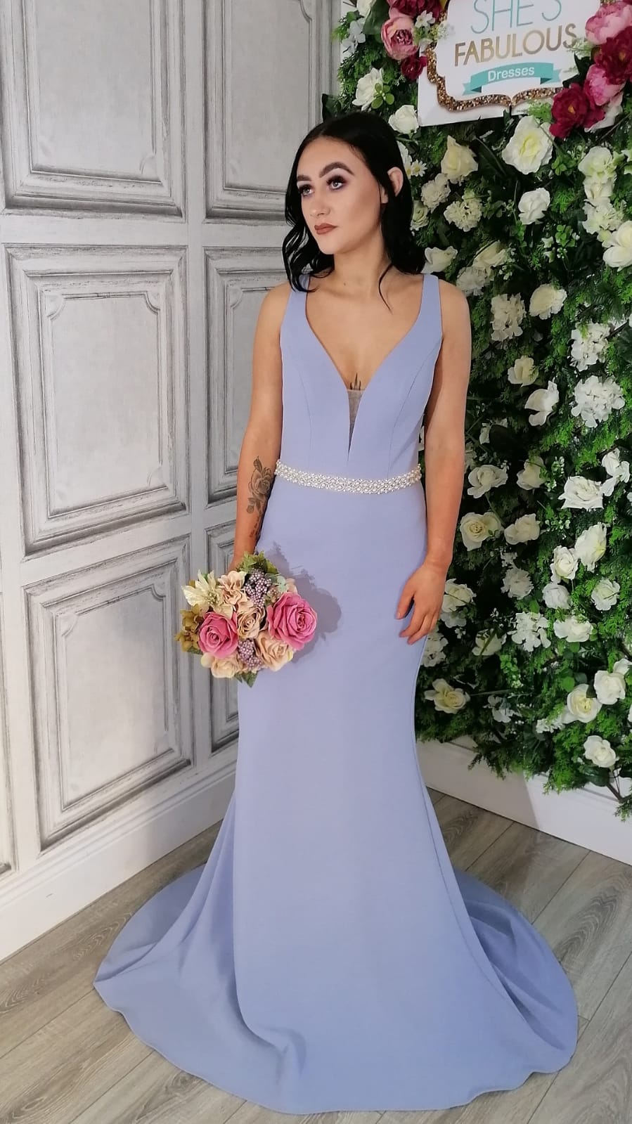 Leah Cornflower Lilac Beaded Belt Backless Bridesmaids Dress