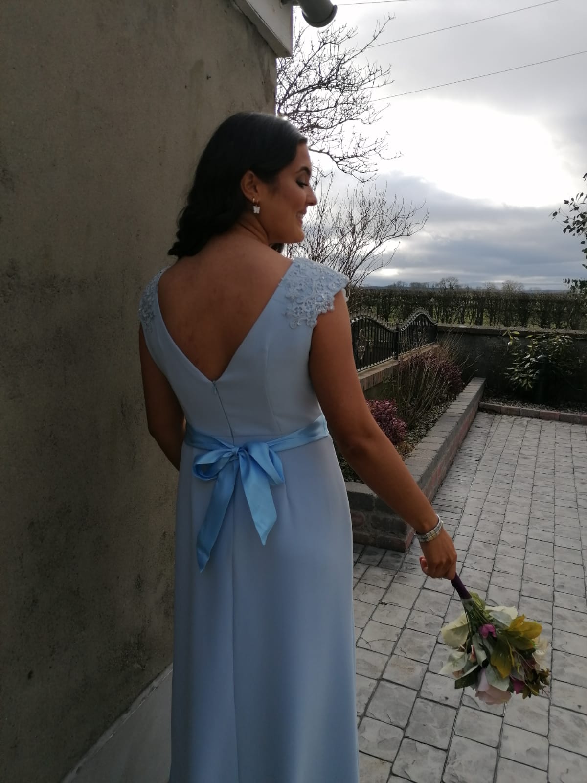 Caroline Powder Sky Blue V Neck Laced Shoulder Cap Bridesmaids Dress