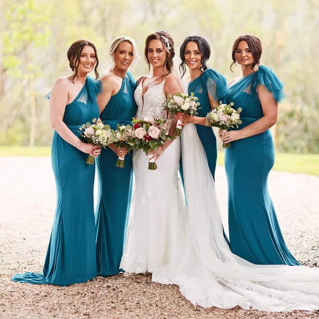 Alice Teal One shoulder Ruched Fitted Bridesmaids Dress