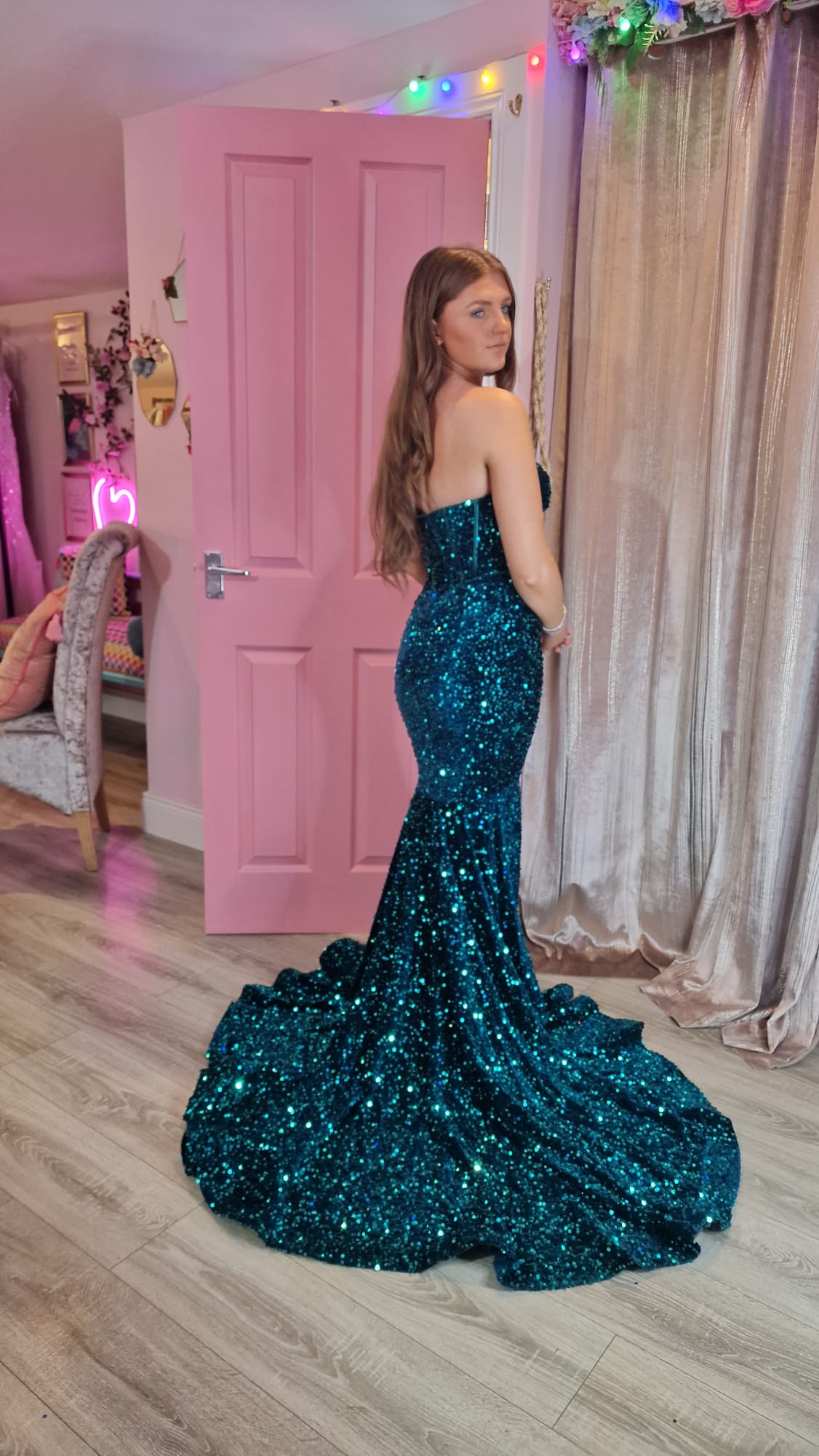 Poppy Teal Green Sequin Corset Strapless With Low Back Formal Prom Dress