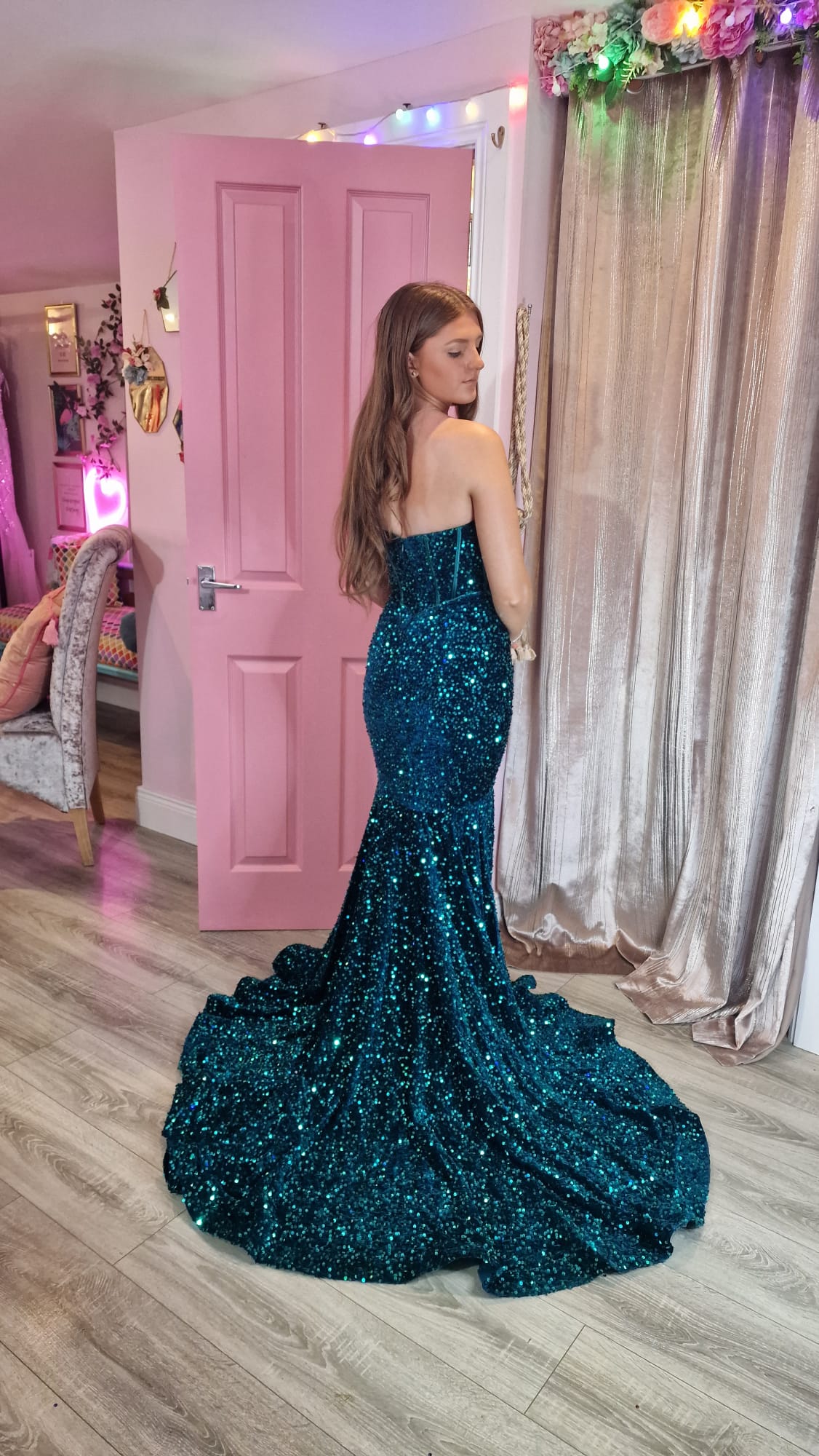 Poppy Teal Green Sequin Corset Strapless With Low Back Formal Prom Dress