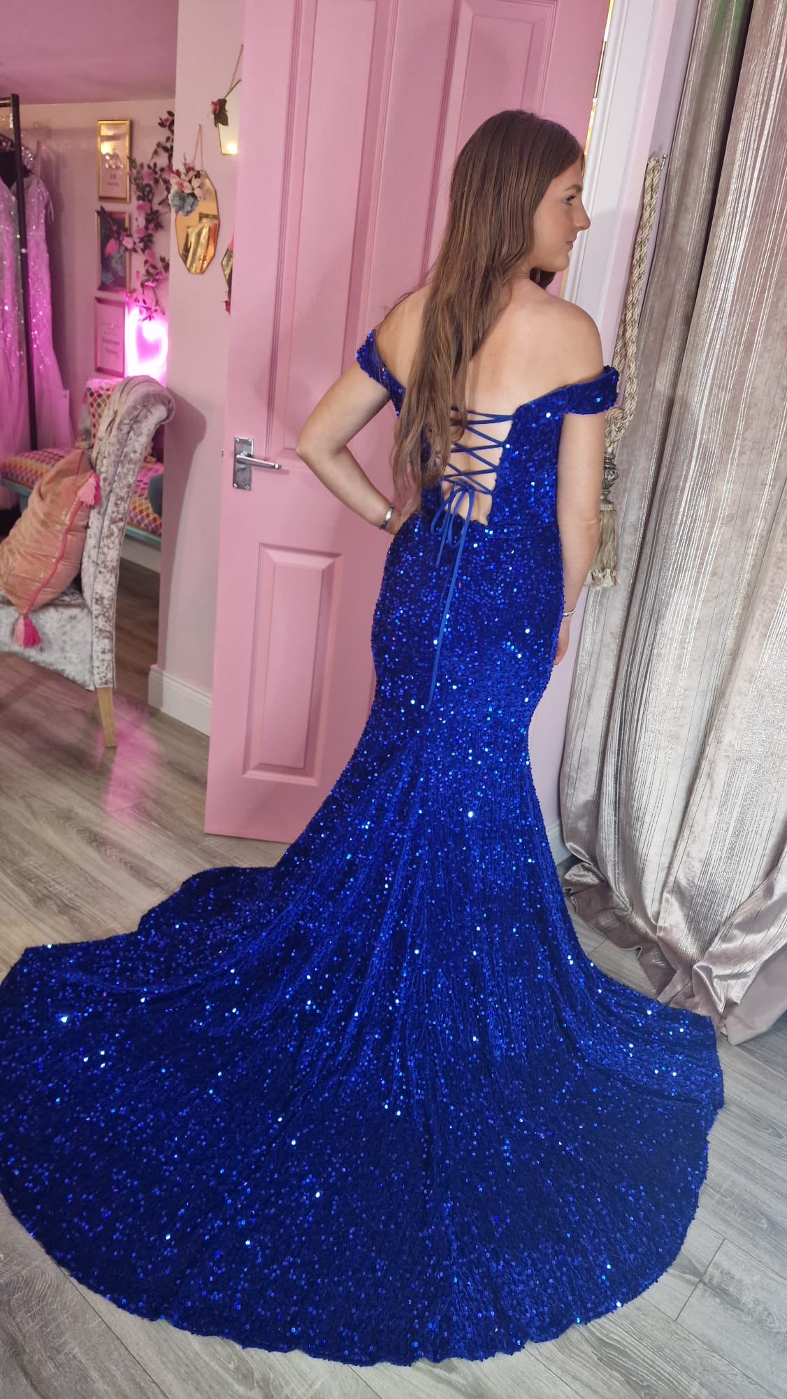 Jazmin Blue Off The Shoulder Laced Back Formal Prom Dress