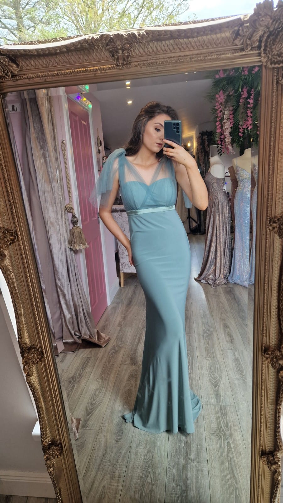 Alice Sage Green V Neck Fitted Bridesmaids Dress