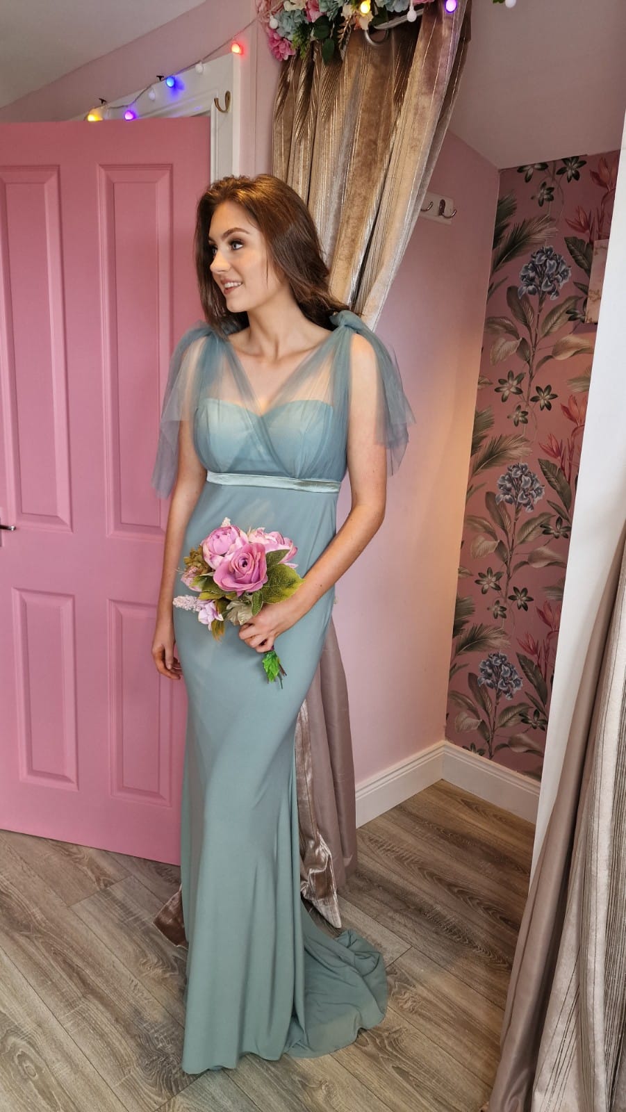 Alice Sage Green V Neck Fitted Bridesmaids Dress