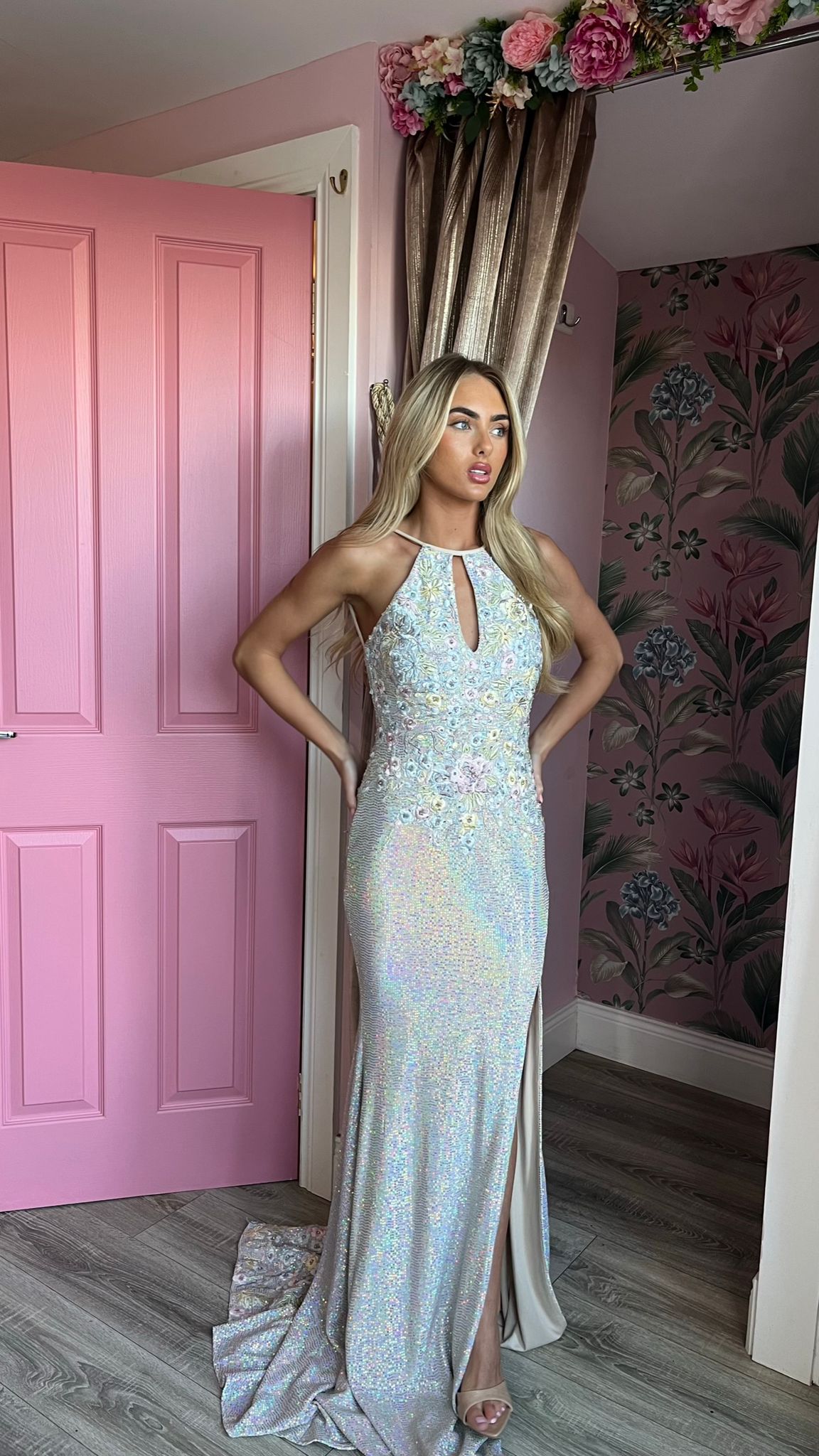 Keira Silver Iridescent Embroidered and Sequin Metallic Lace Up Backless Dress Formal Prom