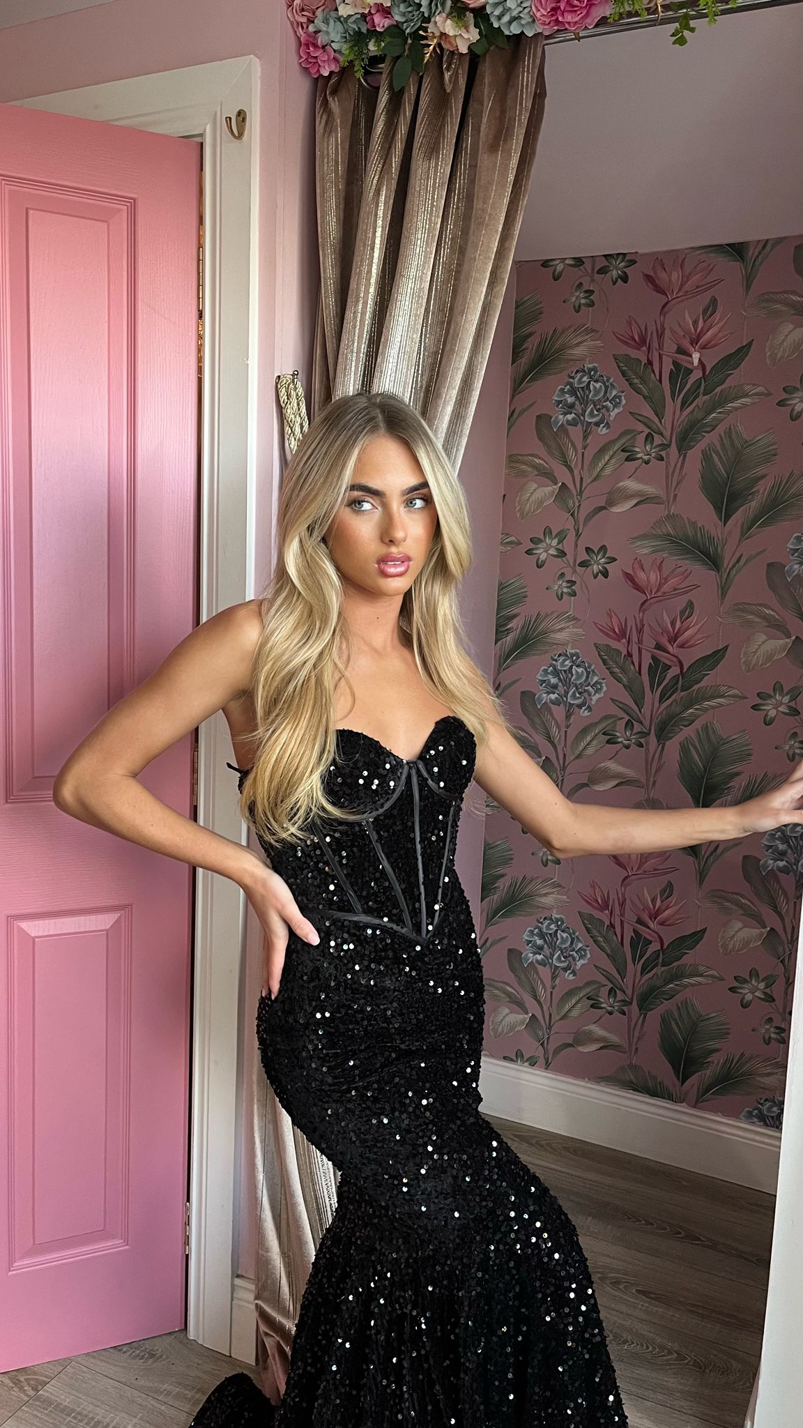 Poppy Black Sequin Corset Strapless With Low Back Formal Prom Dress