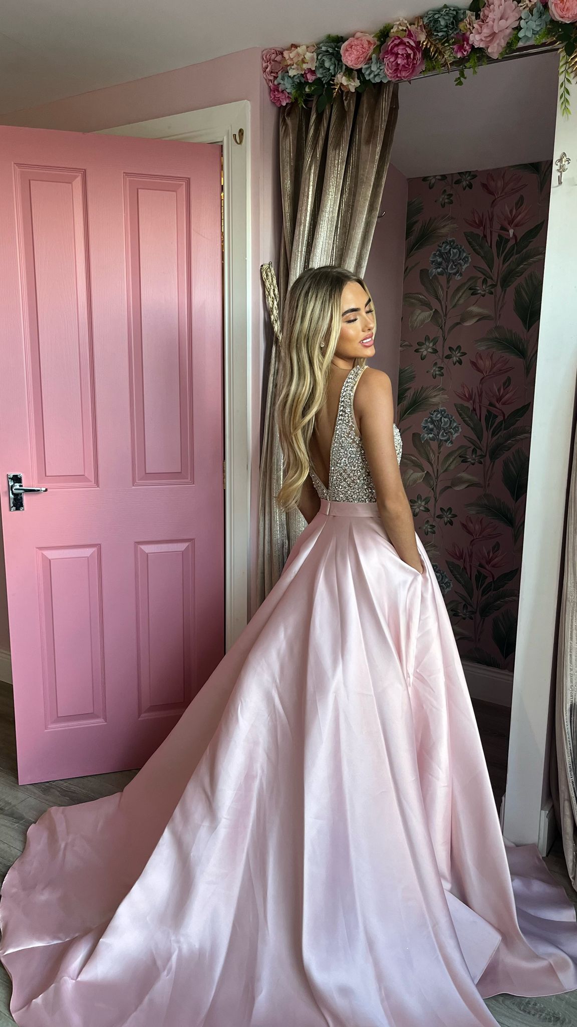Charlotte Blush Pink Embellished Plunge Neck Silk Ballgown Formal Prom Dress