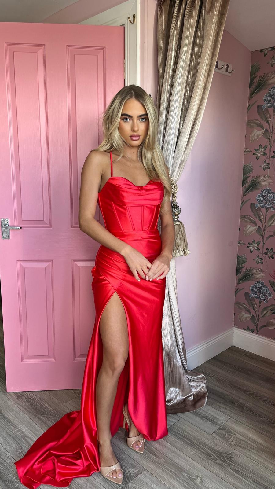 Amora Red Thigh Split Formal Prom Dress